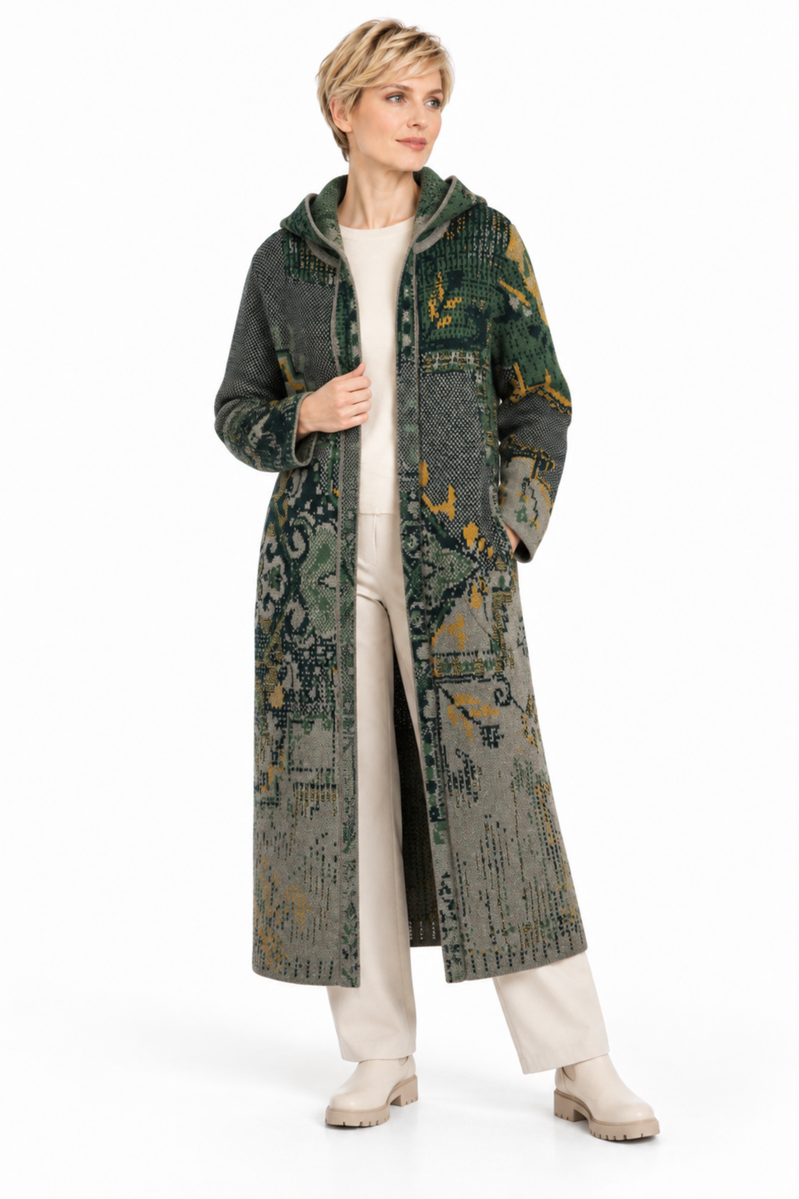 IVKO  Woman IVKO - Jacquard Coat with Hoodie Kilim Pattern Salvia | Wolmix Damesjas met Capuchon