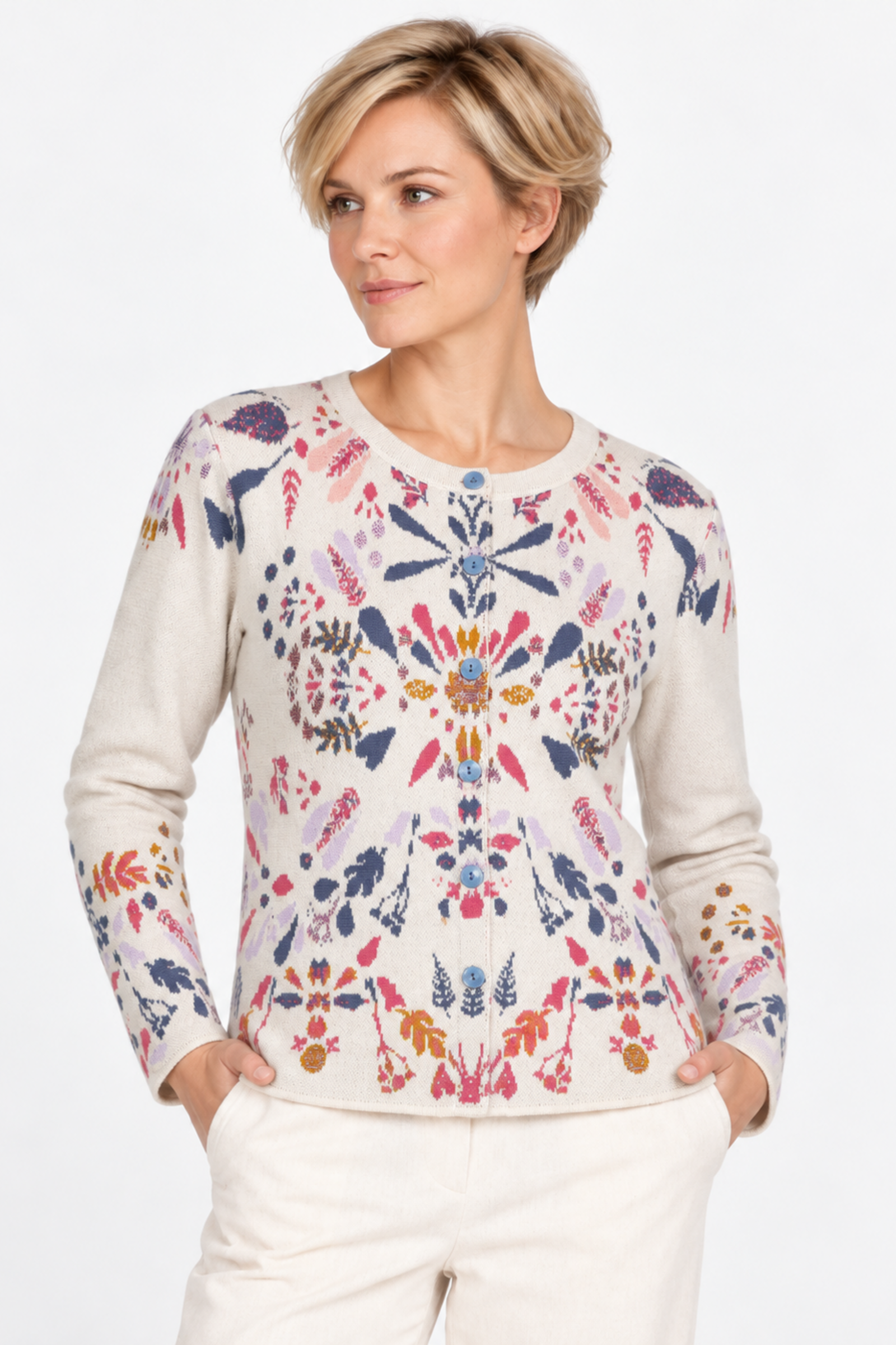 IVKO  Woman IVKO - O-Neck Cardigan Plantopia Pattern Off-White | Women’s Off-White Cotton Knit with Florals