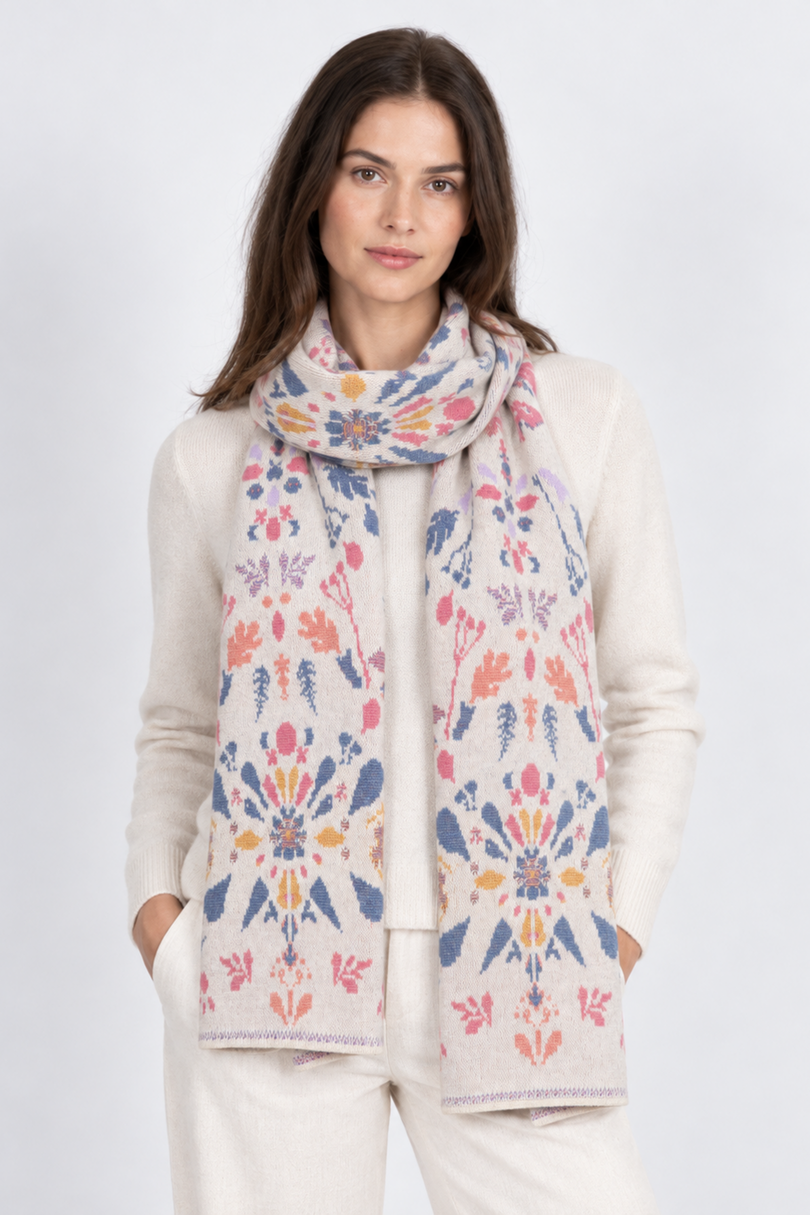 IVKO  Woman IVKO - Scarf Plantopia Pattern Off-White | Luxe Dames Sjaal Off-White Wol & Kasjmier