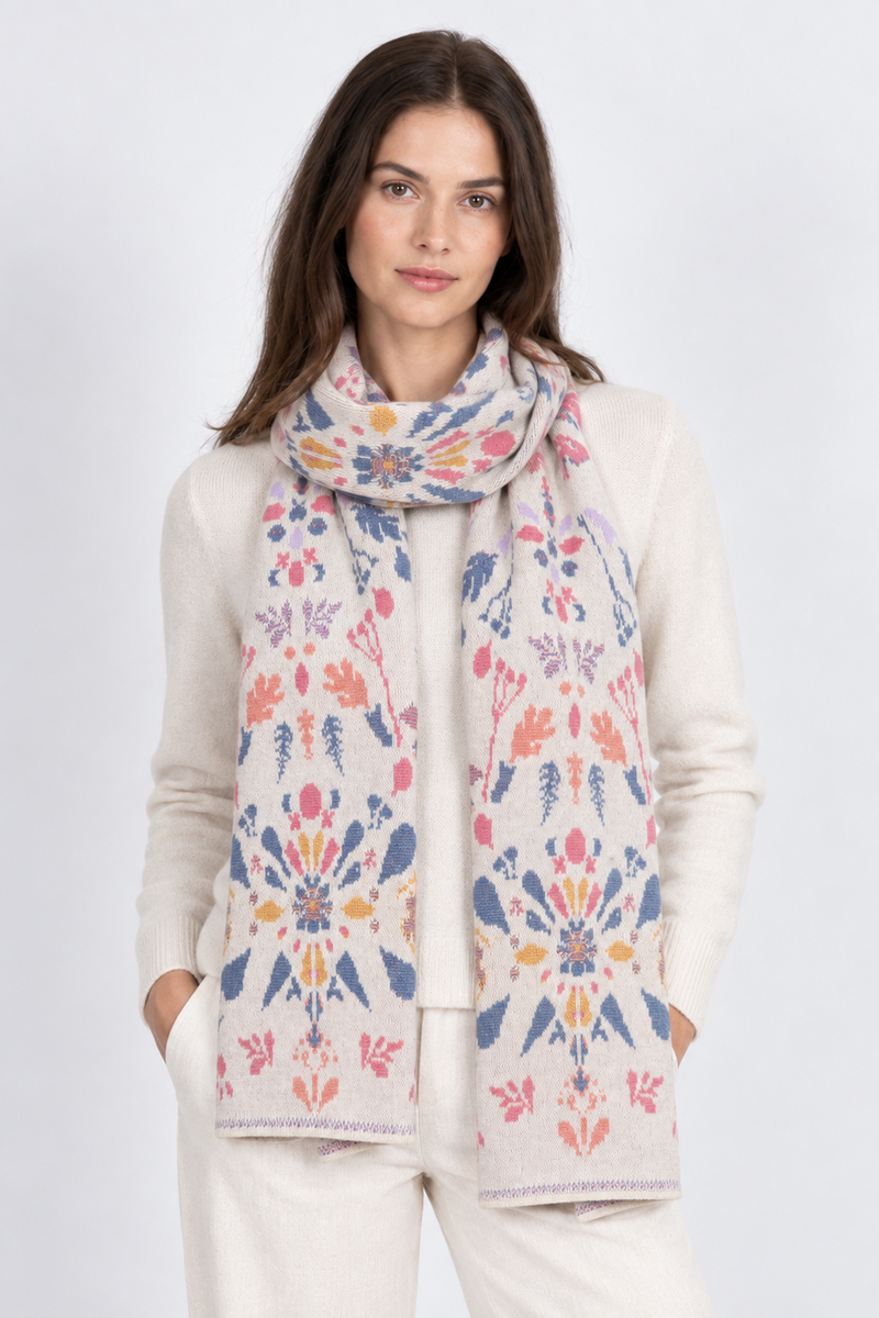 IVKO - Scarf Plantopia Pattern Off-White | Luxe Dames Sjaal Off-White Wol & Kasjmier