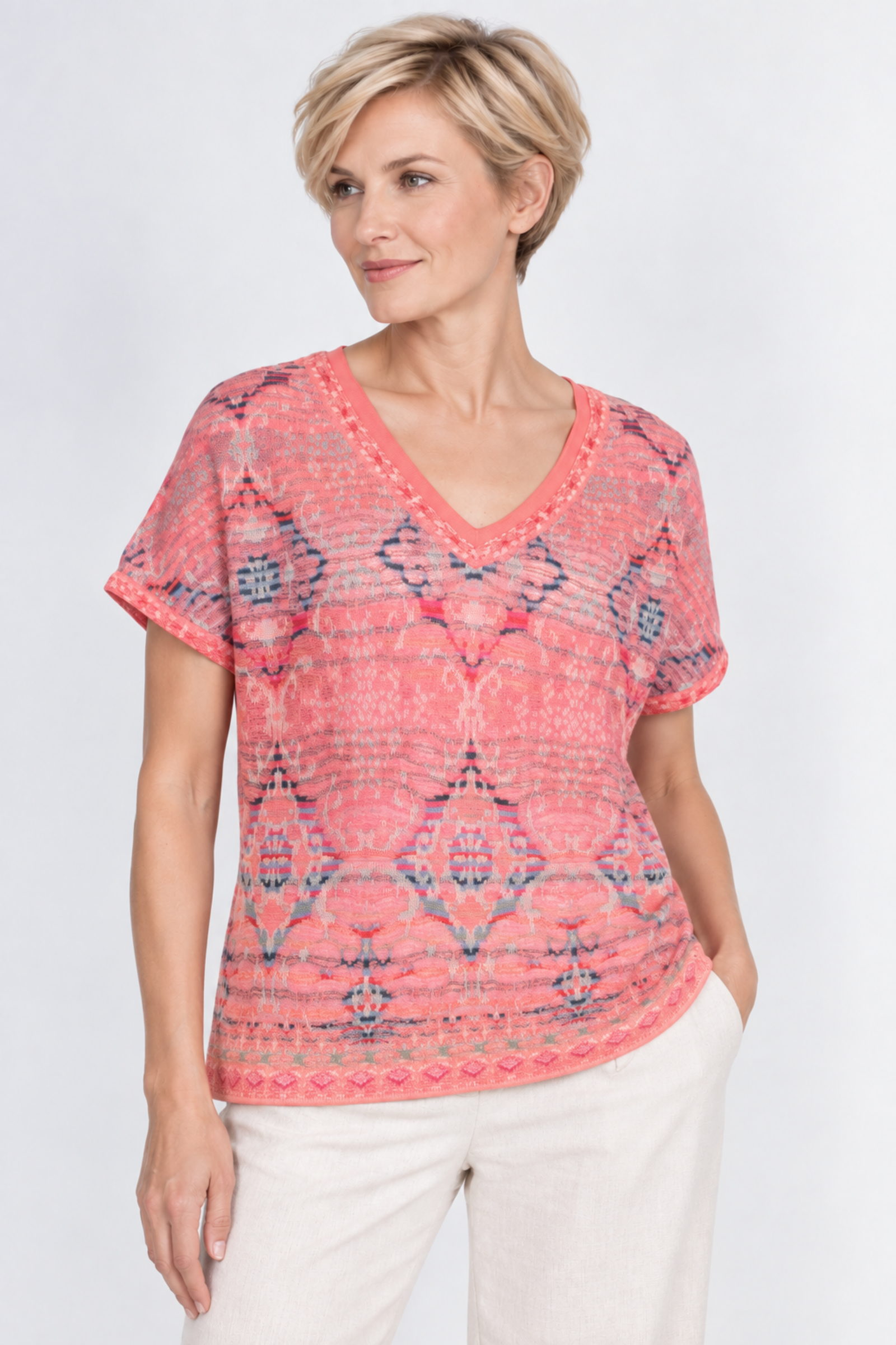 IVKO  Woman IVKO - V-Neck Pullover Morocco Pattern Coral