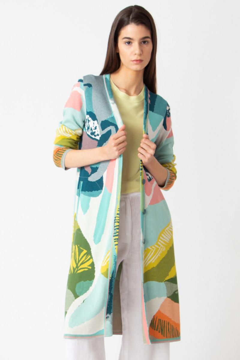 IVKO - V-Neck Coatigan Maximalist Tropics Pattern Aqua