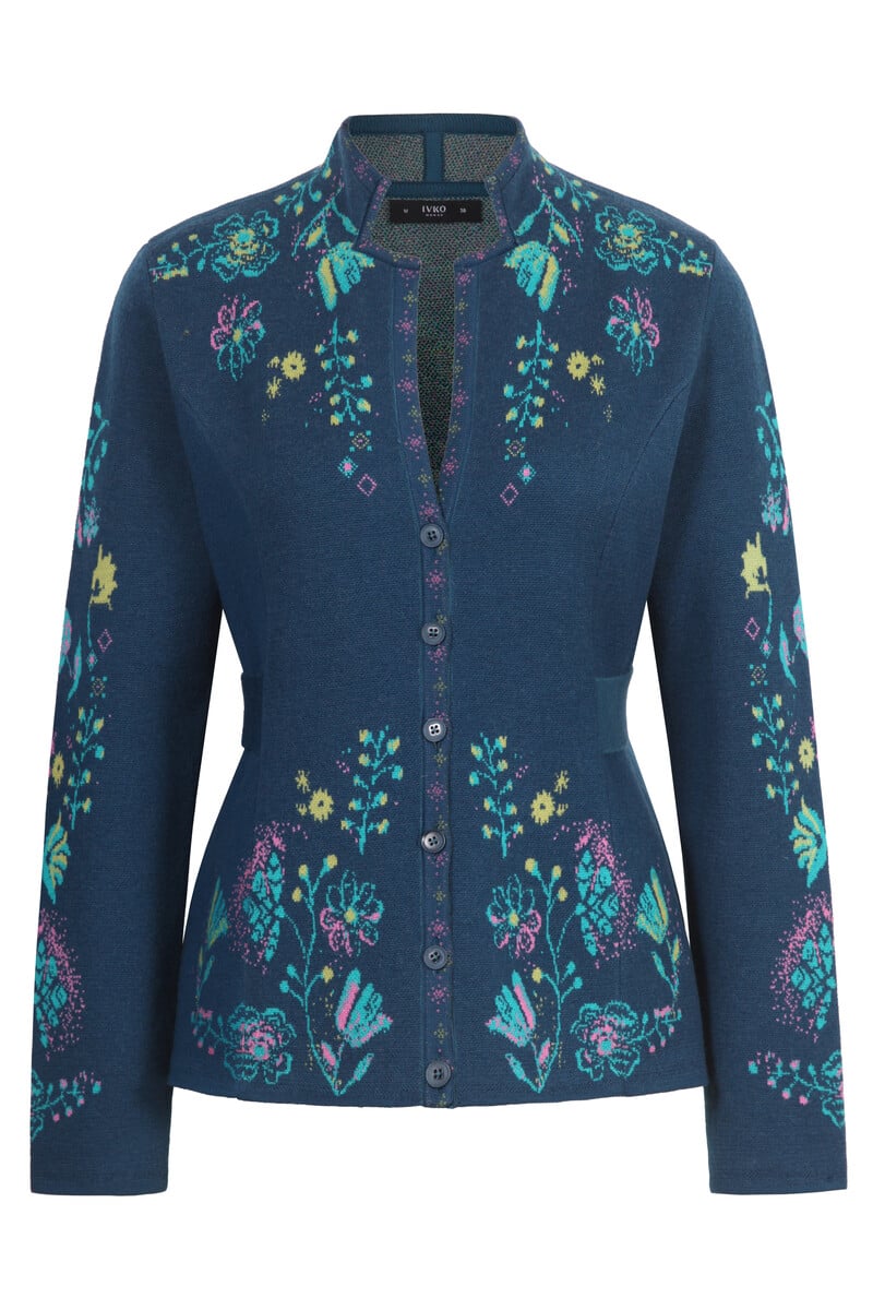 IVKO - Knit Jacket Fika Floral Petrol | Betoverend Vest van 100% Wol