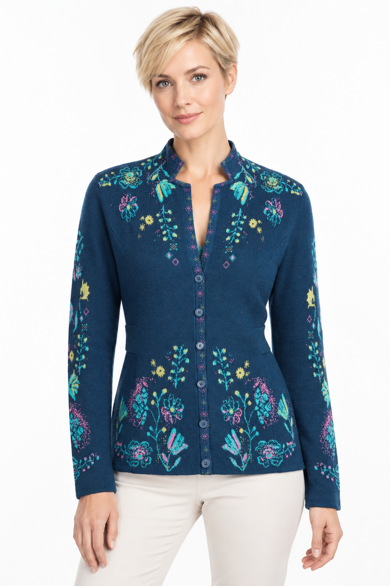 IVKO - Knit Jacket Fika Floral Petrol | Betoverend Vest van 100% Wol