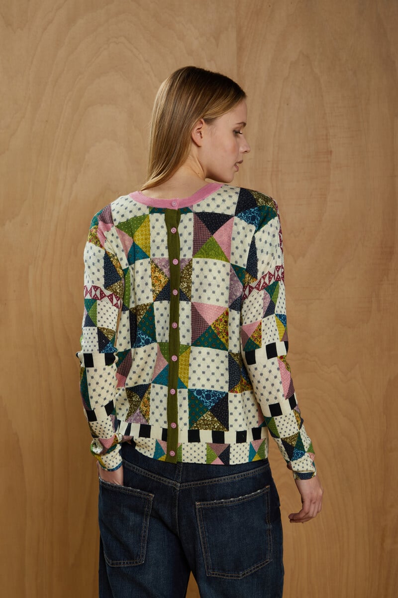 JEi'S - Cardigan Quilt Print Cream | Rustic 100% Merino Wool Cardigan with Quilted Patterns