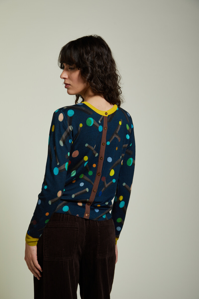 JEi'S - Cardigan Toys Print Navy | Gilet Ludique en 100 % Laine Mérinos avec Motifs de Jouets