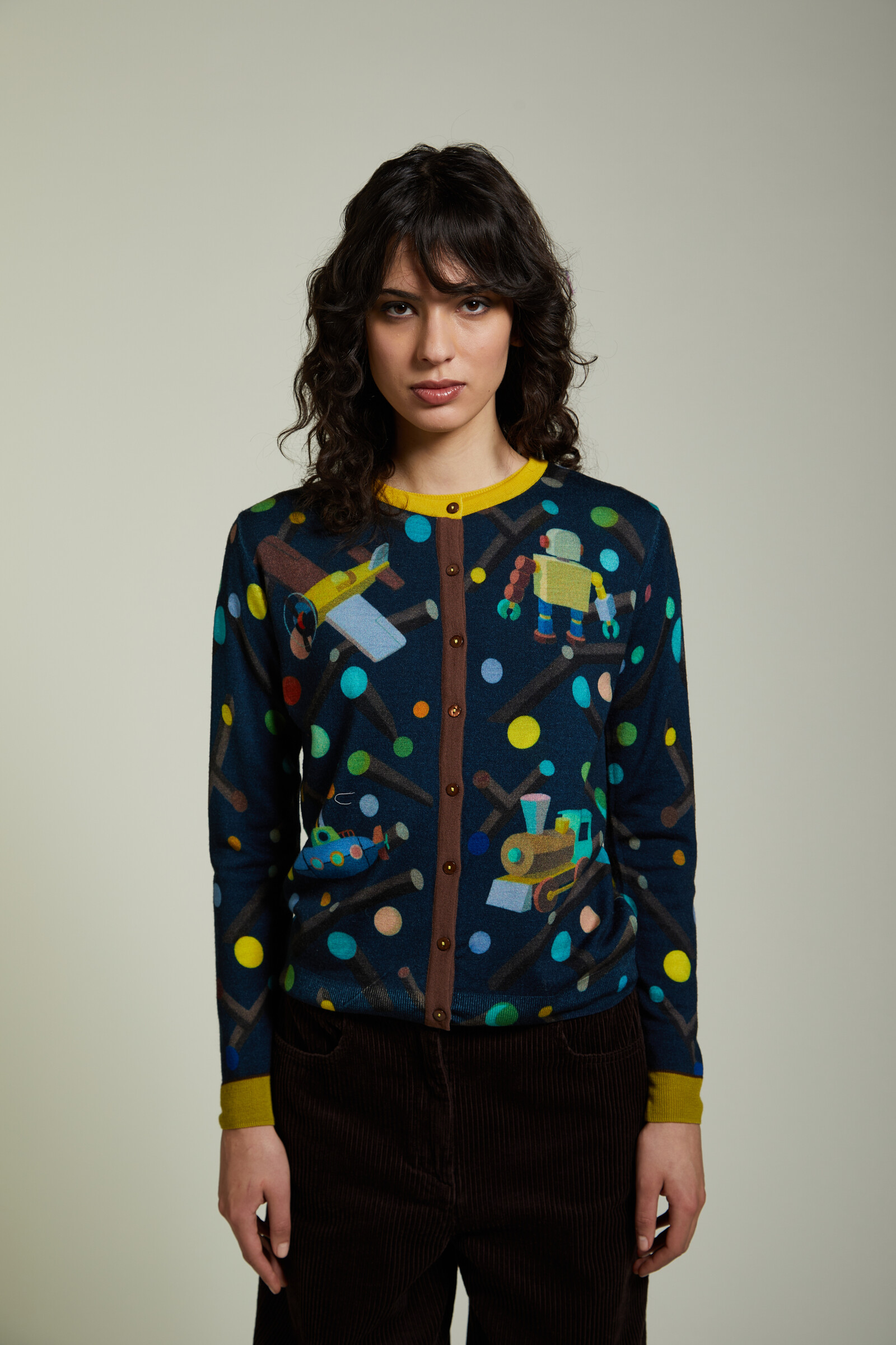 JEi'S JEi'S - Cardigan Toys Print Navy | Gilet Ludique en 100 % Laine Mérinos avec Motifs de Jouets