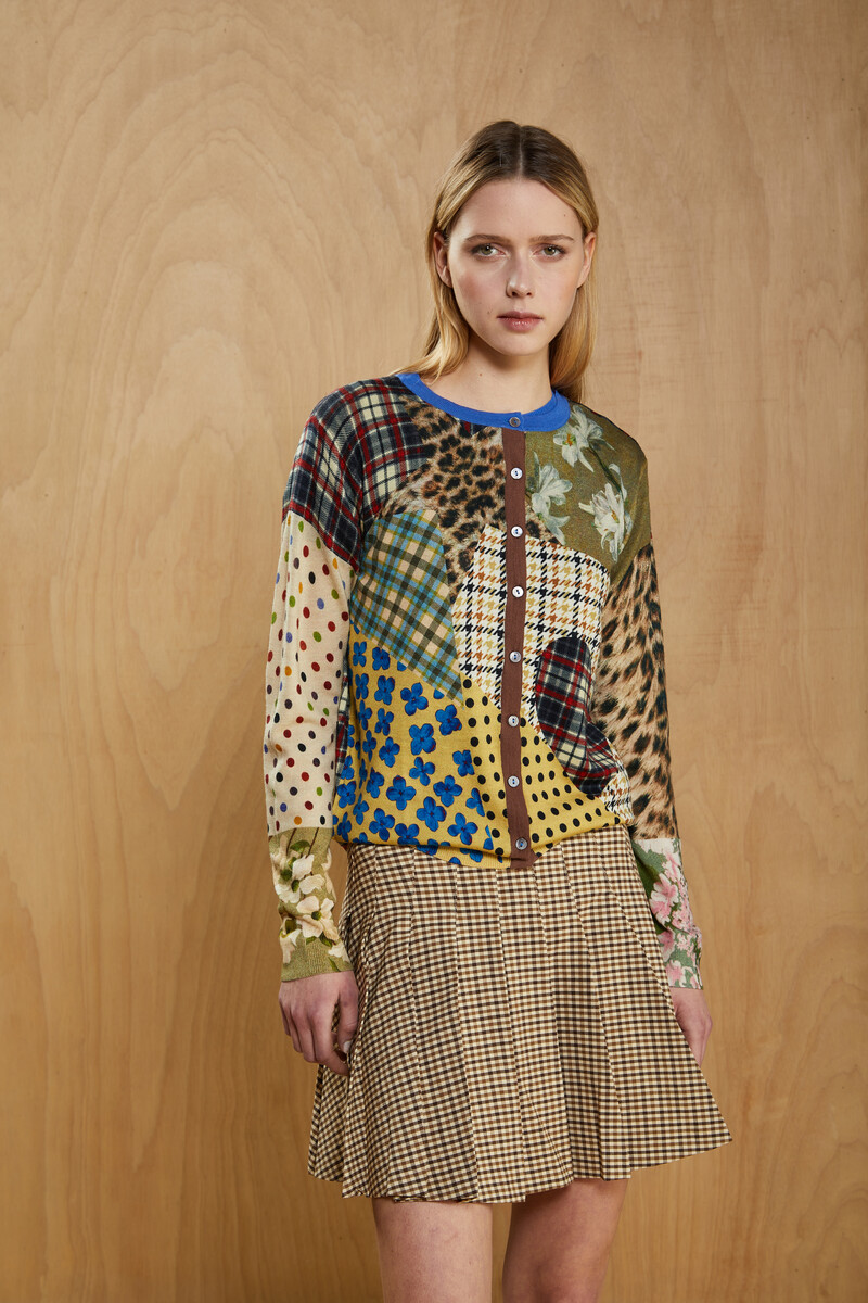 JEi'S - Cardigan Patchwork Print Multicolor | Kleurrijk Vest van 100% Merinowol met Patchworkpatronen