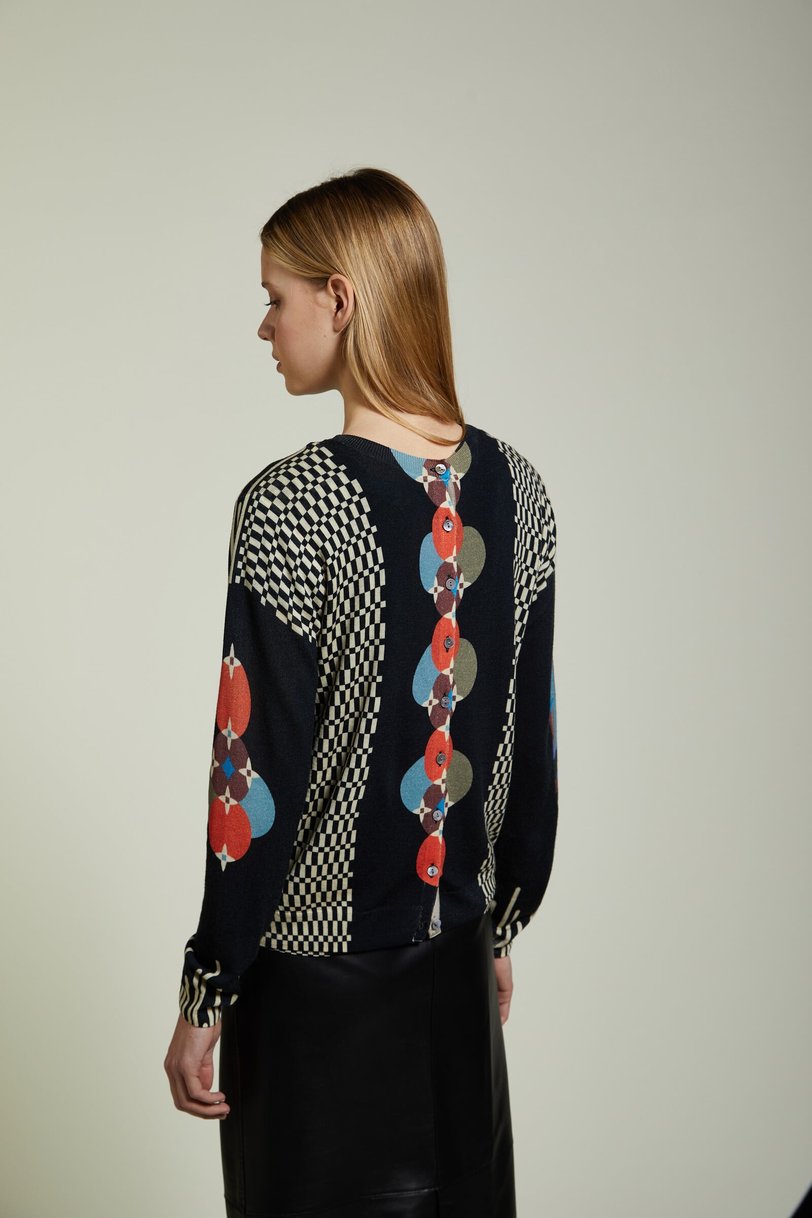 JEi'S JEi'S - Cardigan Fun Print Black | Bold 100% Merino Wool Cardigan with Abstract Motifs
