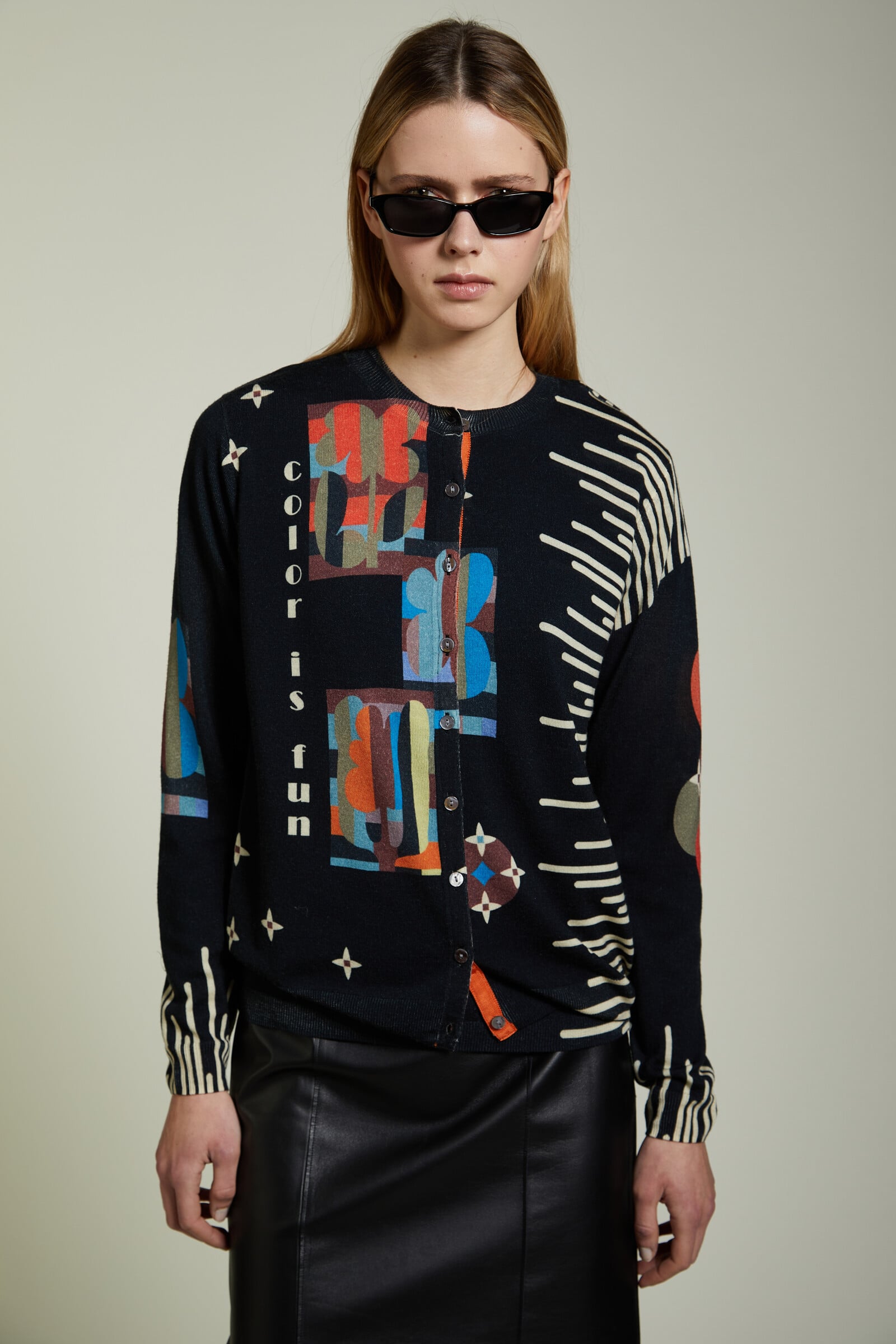JEi'S JEi'S - Cardigan Fun Print Black | Bold 100% Merino Wool Cardigan with Abstract Motifs