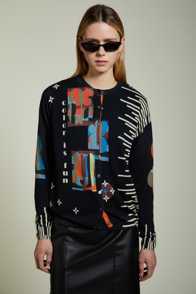JEi'S - Cardigan Fun Print Black | Bold 100% Merino Wool Cardigan with Abstract Motifs