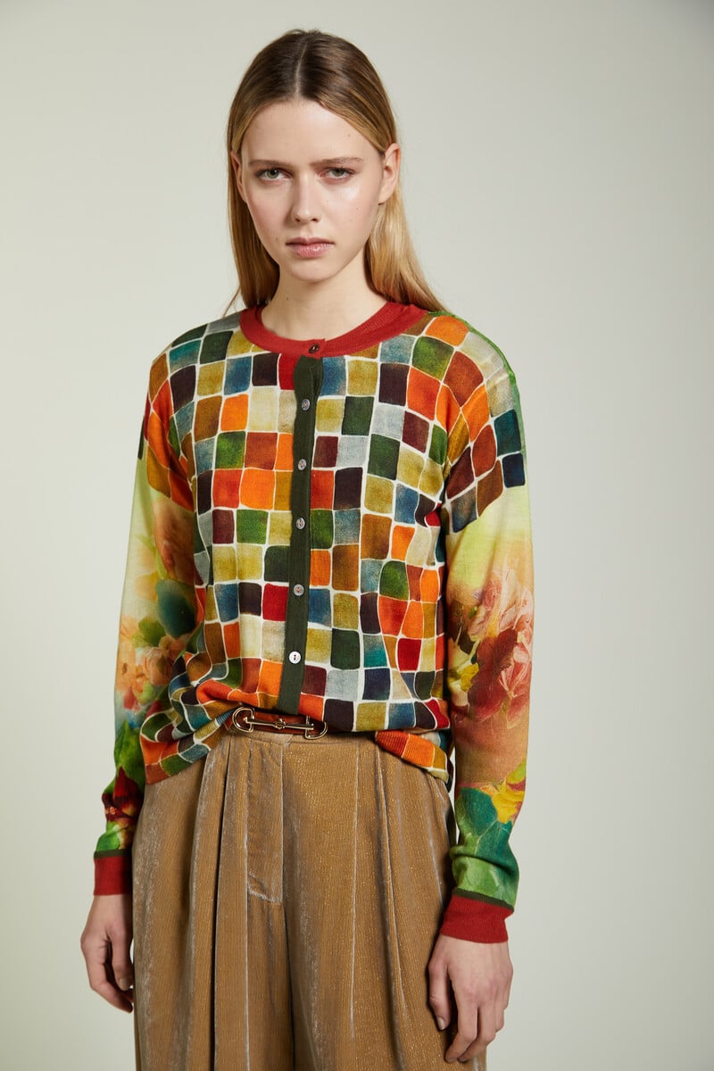JEi'S - Cardigan Painting Print Multicolor | Picturesque 100% Merino Wool Cardigan with Artistic Motifs
