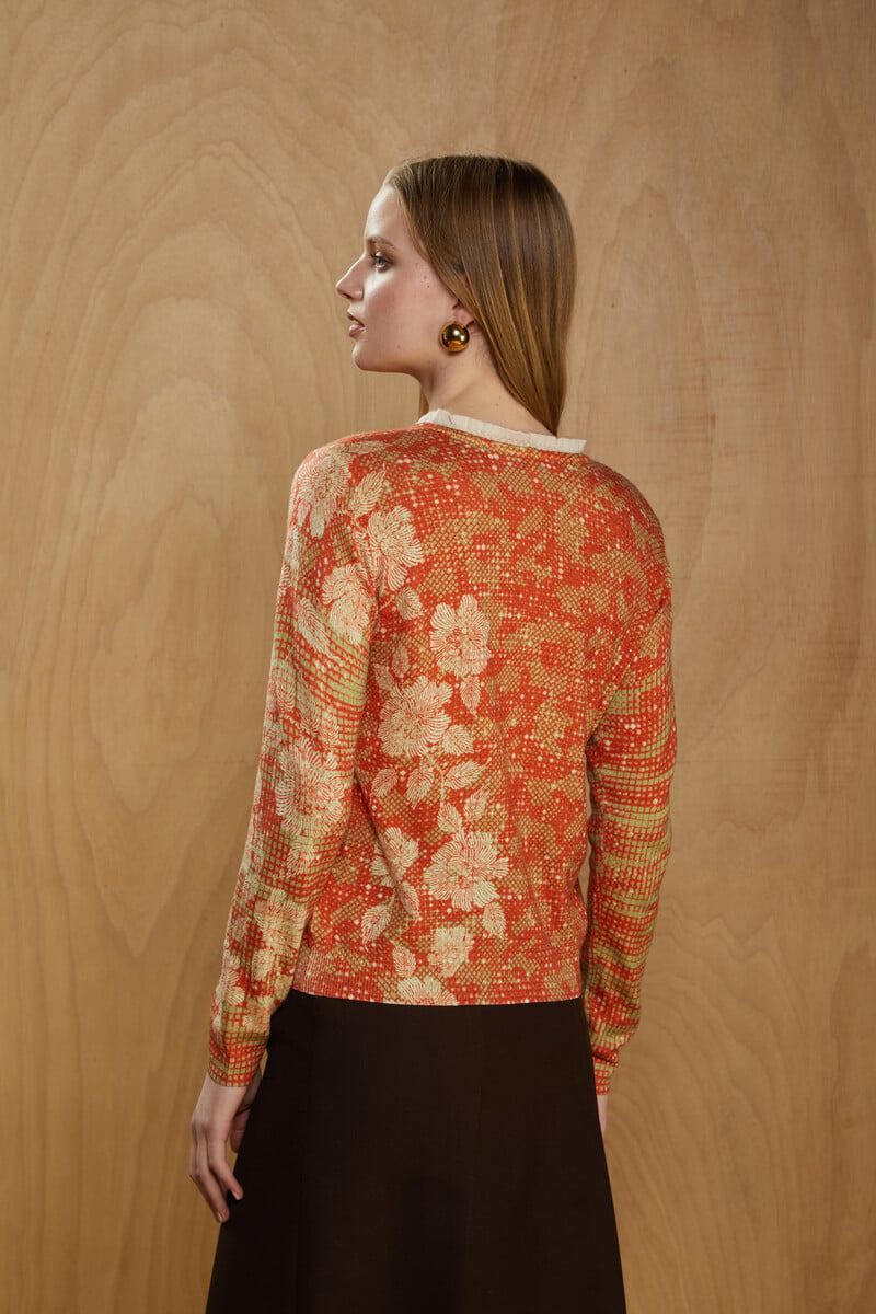 JEi'S - Jacket with Frills Graphic Print Orange | Opvallend Vest van 100% Merinowol met Bloemmotieven