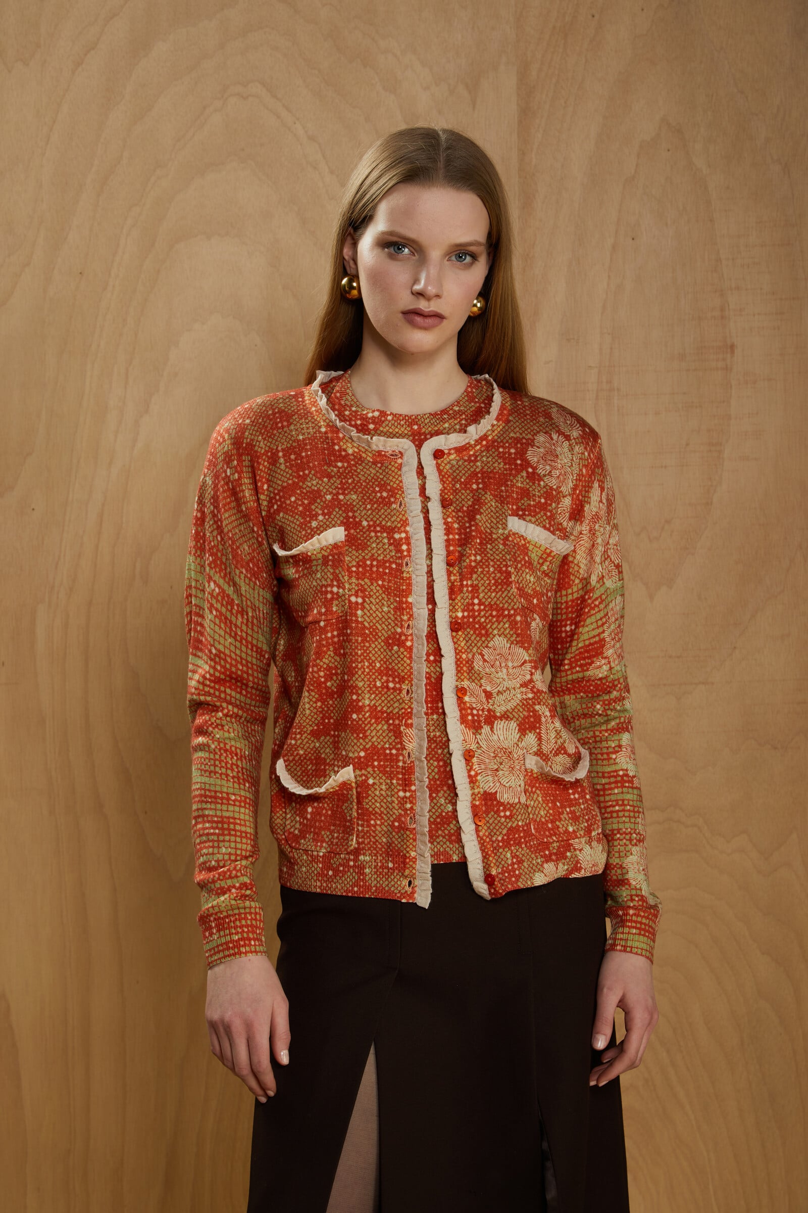JEi'S JEi'S - Jacket with Frills Graphic Print Orange | Opvallend Vest van 100% Merinowol met Bloemmotieven