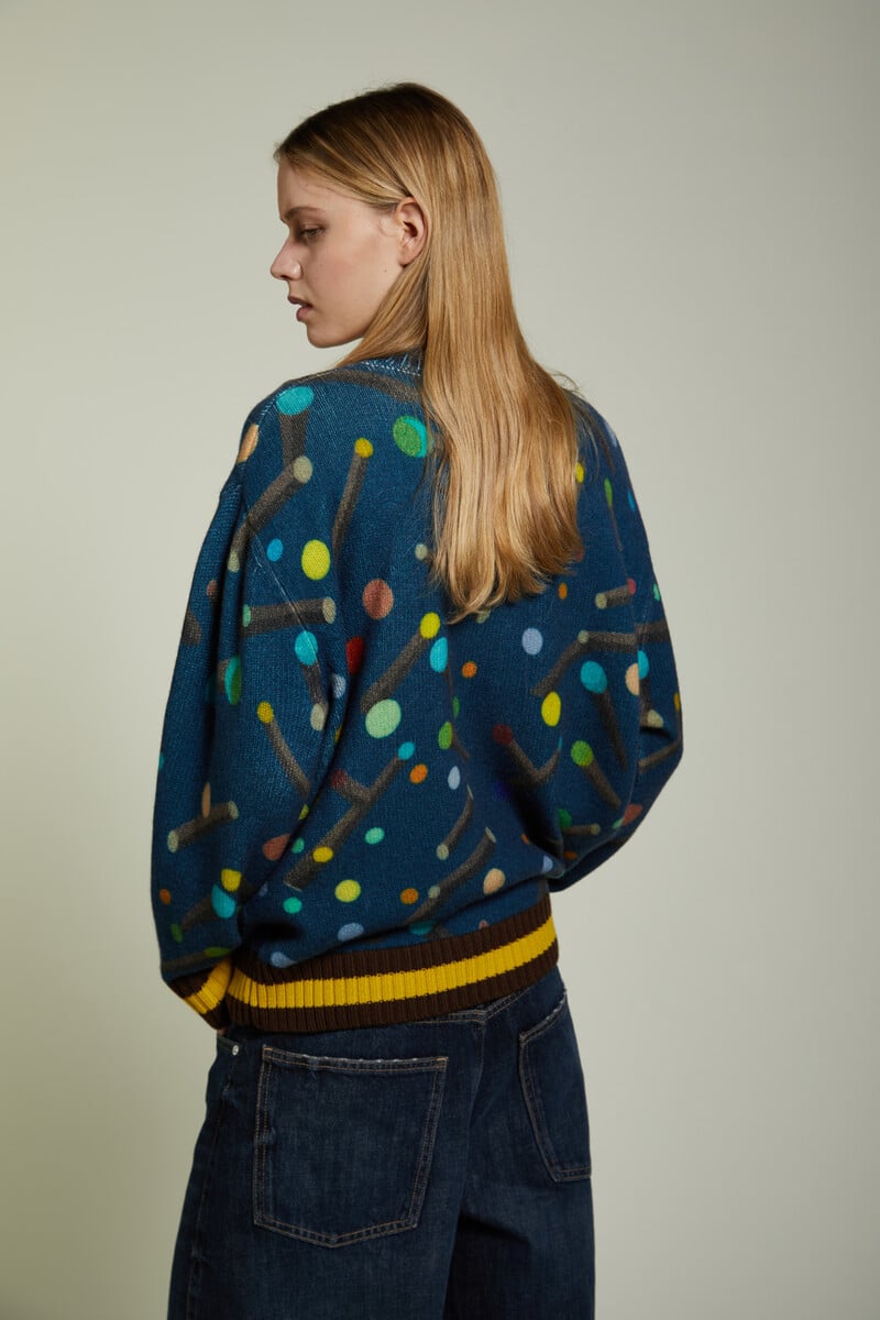 JEi'S - Oversized Zip Jacket Toys Print Navy | Playful 100% Pure Virgin Wool Jacket with Toy Motifs