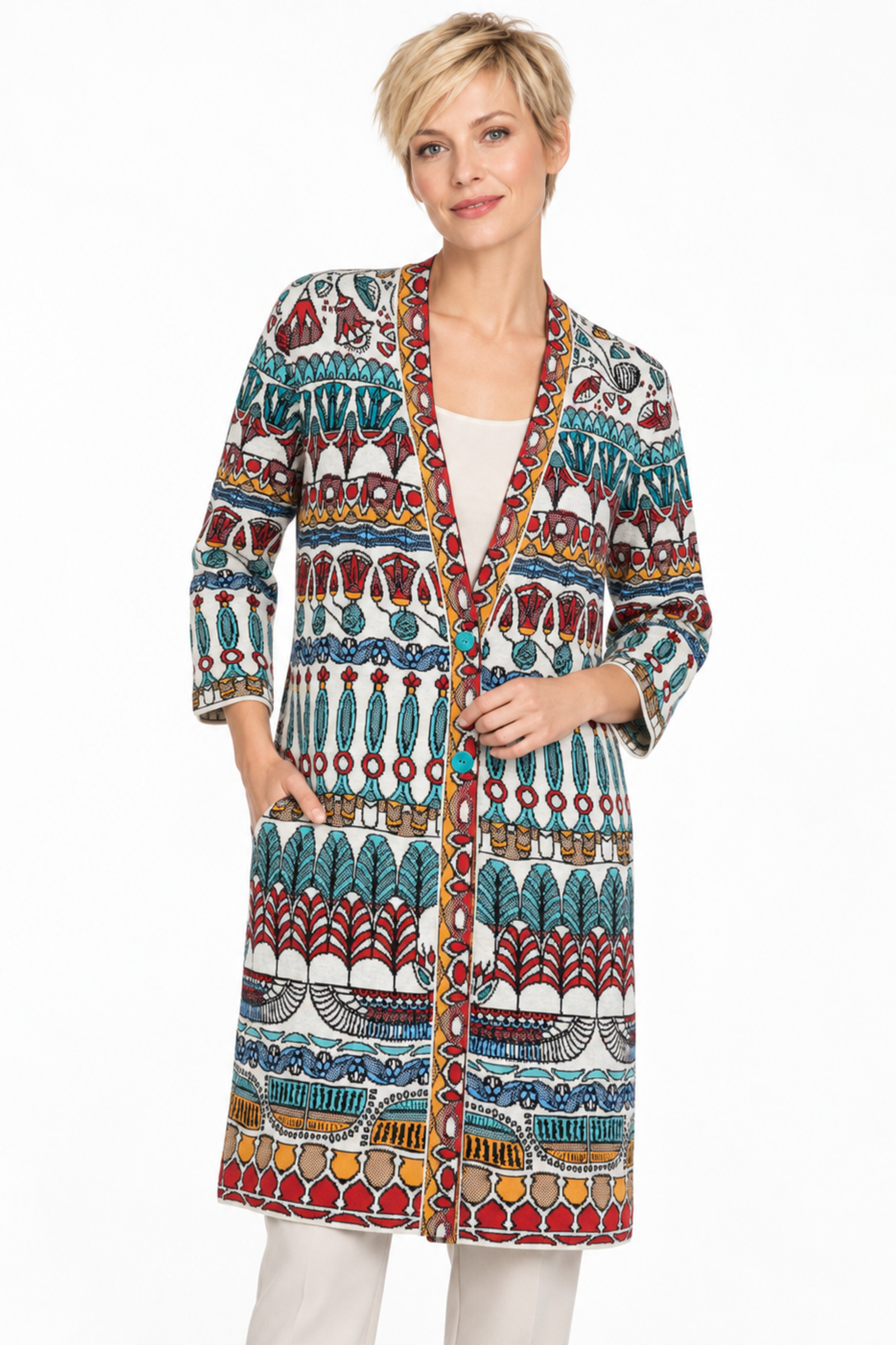 IVKO  Woman IVKO - V-Neck Coatigan Papyrus Motif Off-White