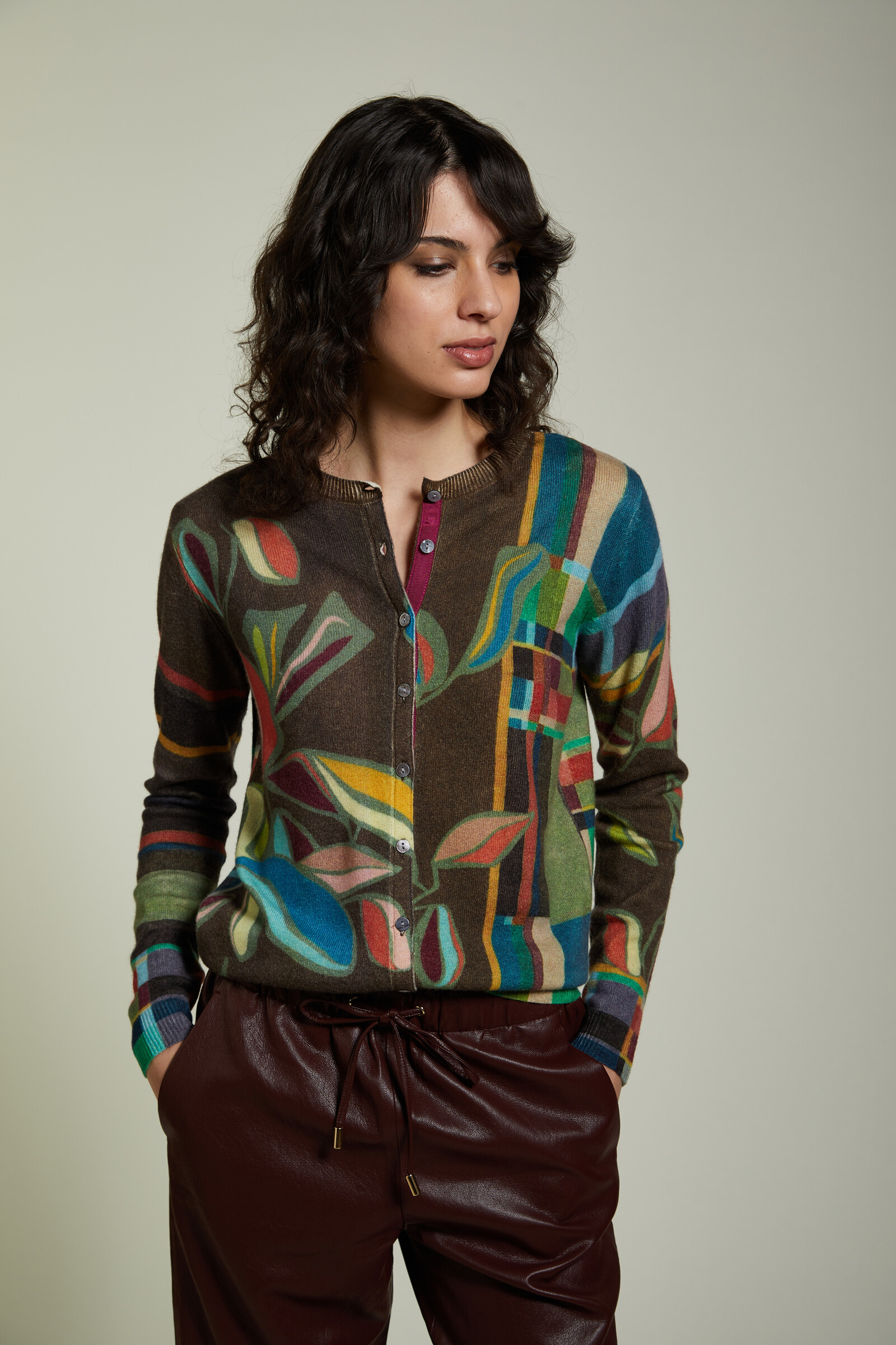 JEi'S JEi'S - Cardigan Art Print Earthy Brown | Artistiek Vest van 100% Kasjmier met Schilderachtige Patronen