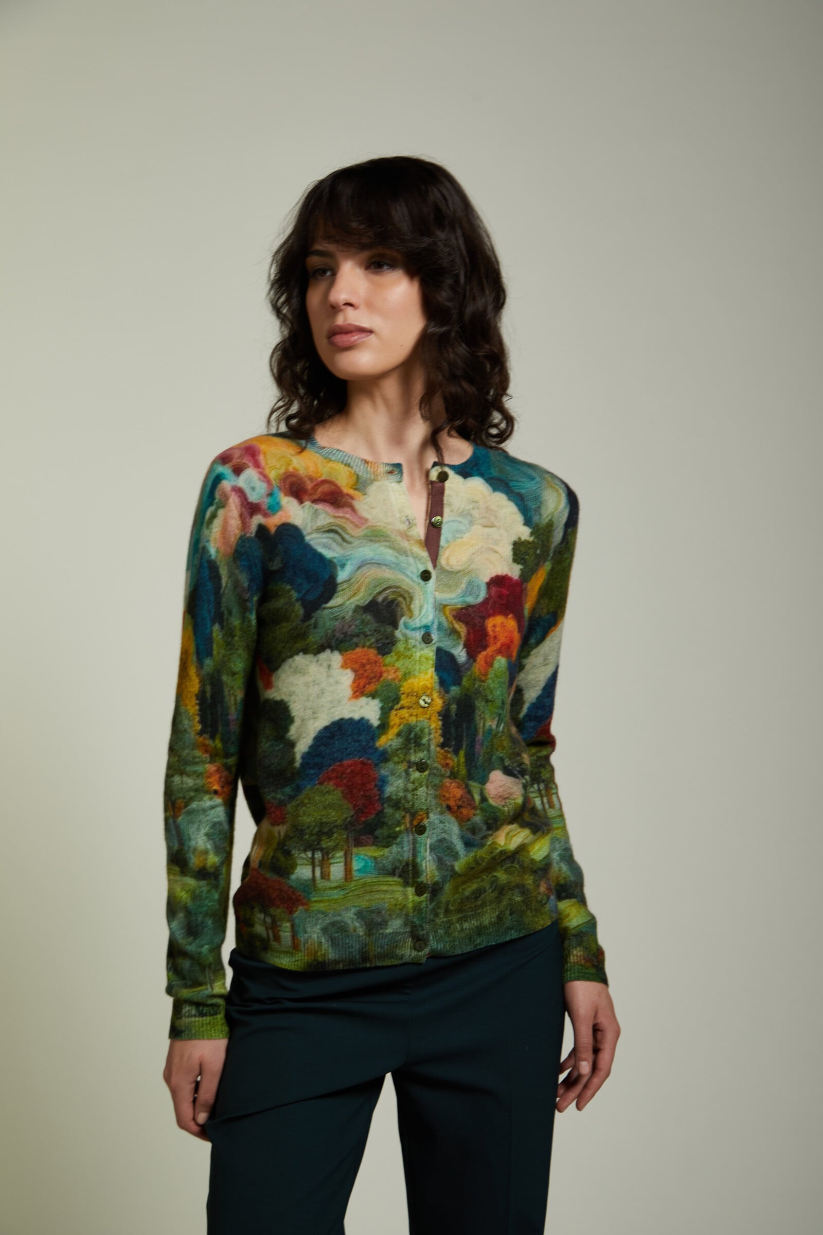JEi'S JEi'S - Cardigan Fantasy Print Forest Green | Gilet Fantastique en 100 % Cachemire avec Motifs Fantaisie