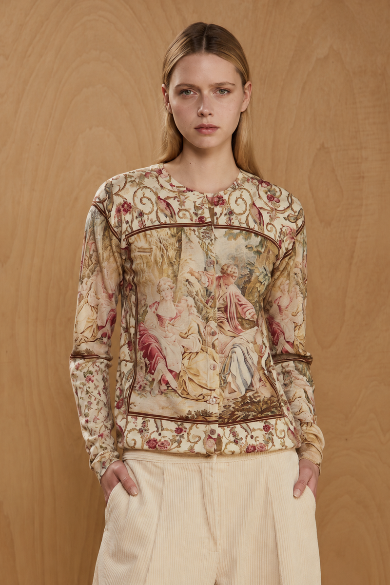 JEi'S - Cardigan Tapestry Print Ecru | Romantisch Vest van 100% Merinowol met Nostalgische Patronen