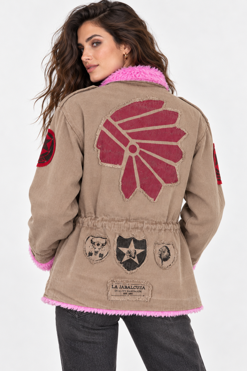 La Jabalcuza - Cargo Jacket Indian Khaki with Pink Fur