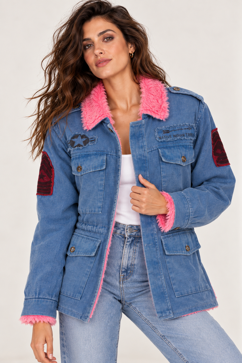 La Jabalcuza - Cargo Jacket Indian Jeans with Coral Red Fur