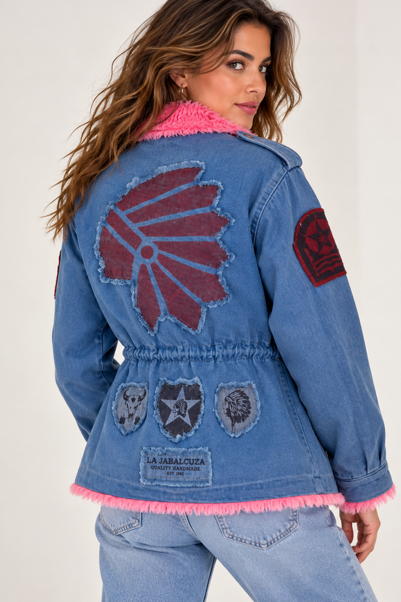 La Jabalcuza - Cargo Jacket Indian Jeans with Coral Red Fur