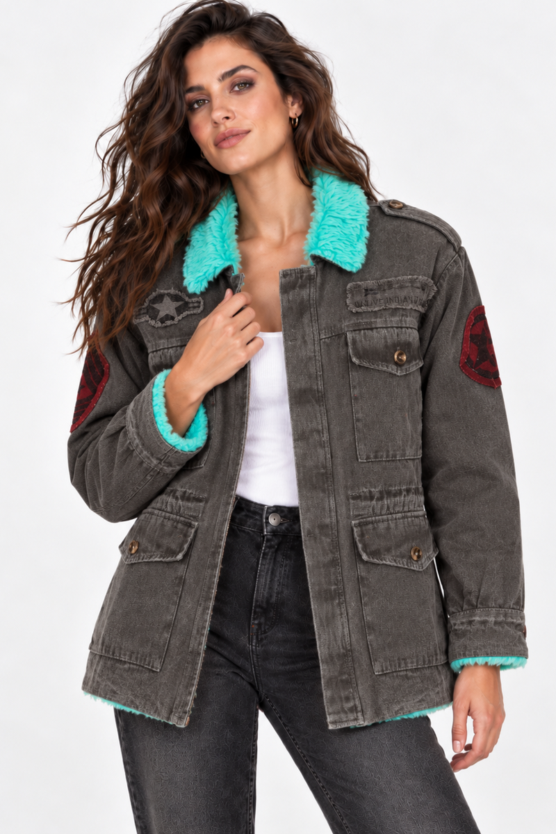 La Jabalcuza - Cargo Jacket Indian Anthracite with Mint Green Fur