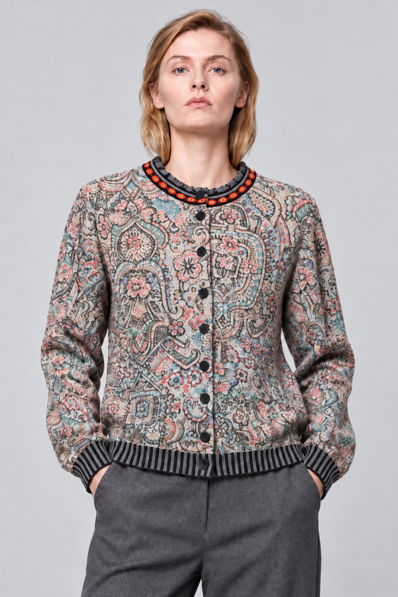 Aldo Martins - Flowered Cardigan Grey | Grijs Gemêleerd Vest met Subtiele Goudkleurige Accenten