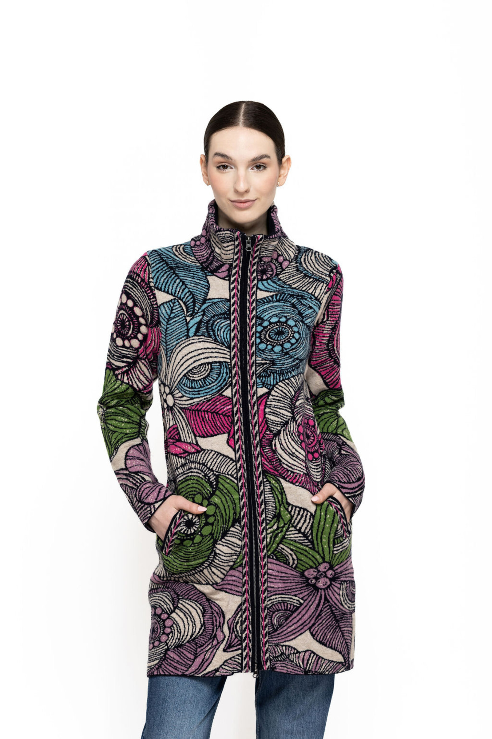 KOOI Knitwear KOOI Knitwear - Coat Majavel Multicolor | Kleurrijke Jas met Rits van 80% Lamswol en 20% Polyamide