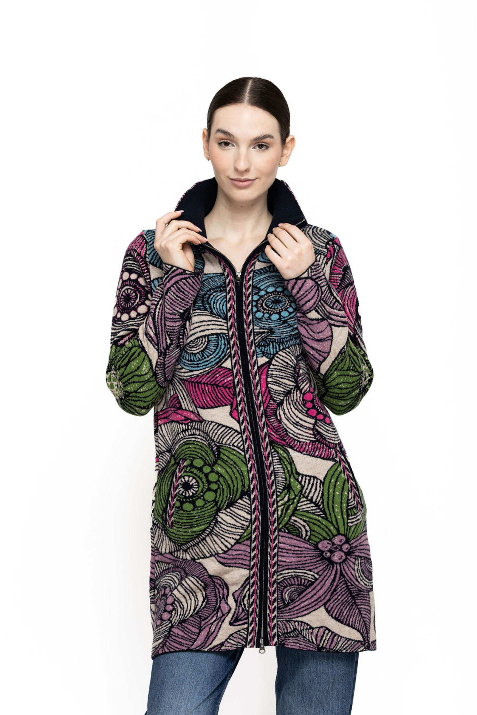 KOOI Knitwear KOOI Knitwear - Coat Majavel Multicolor | Kleurrijke Jas met Rits van 80% Lamswol en 20% Polyamide