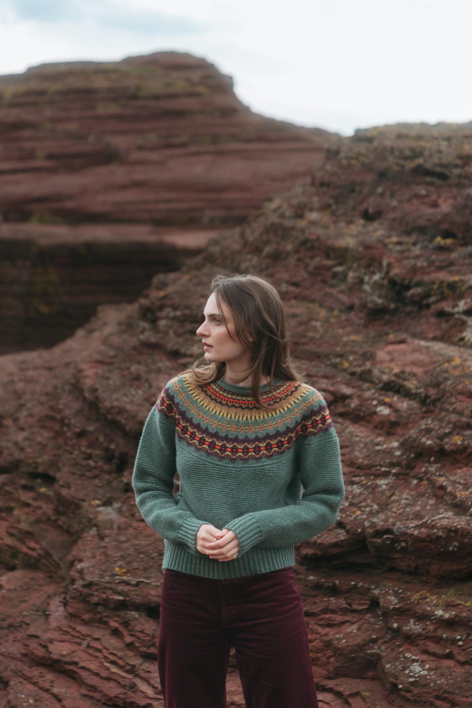 Eribé Eribé - Stoneybrek Sweater Highland | Pull Vert à Motif Fairisle en 100 % Laine Mérinos