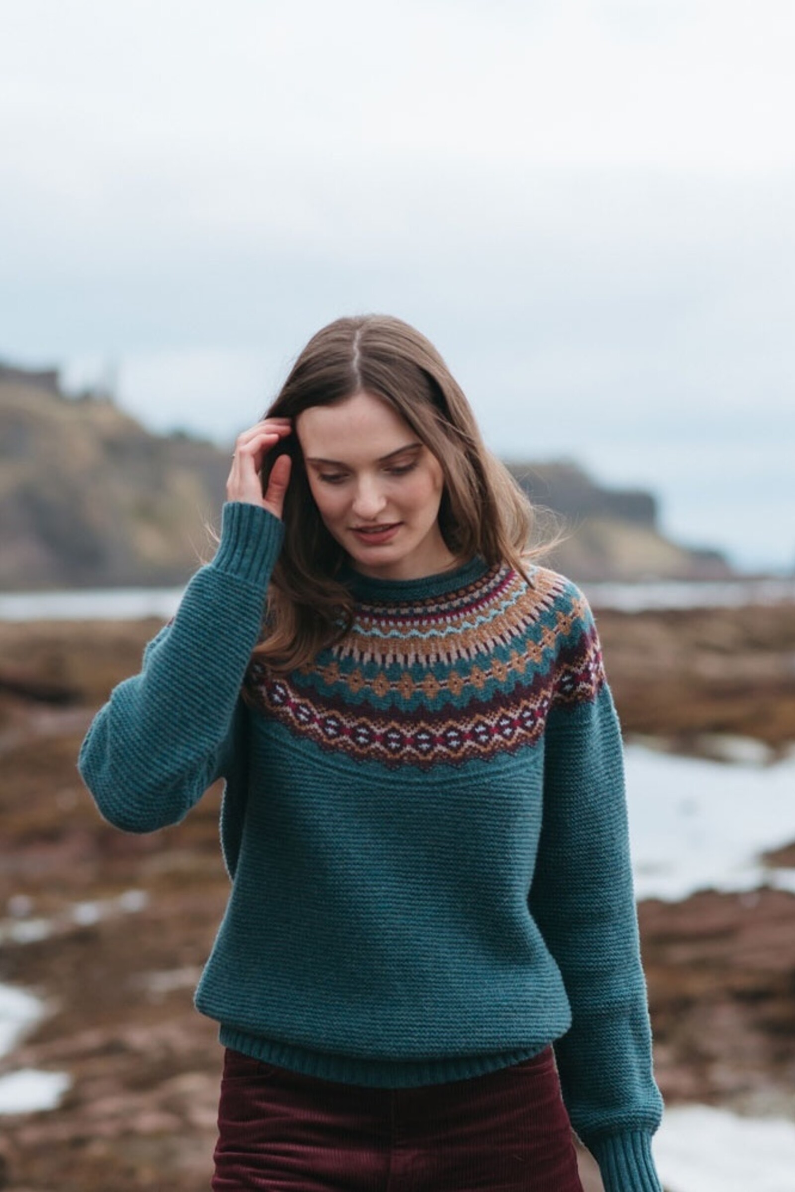 Eribé Eribé - Stoneybrek Sweater Velvet Woods | Blue-Green Sweater with Fairisle Pattern in 100% Merino Wool