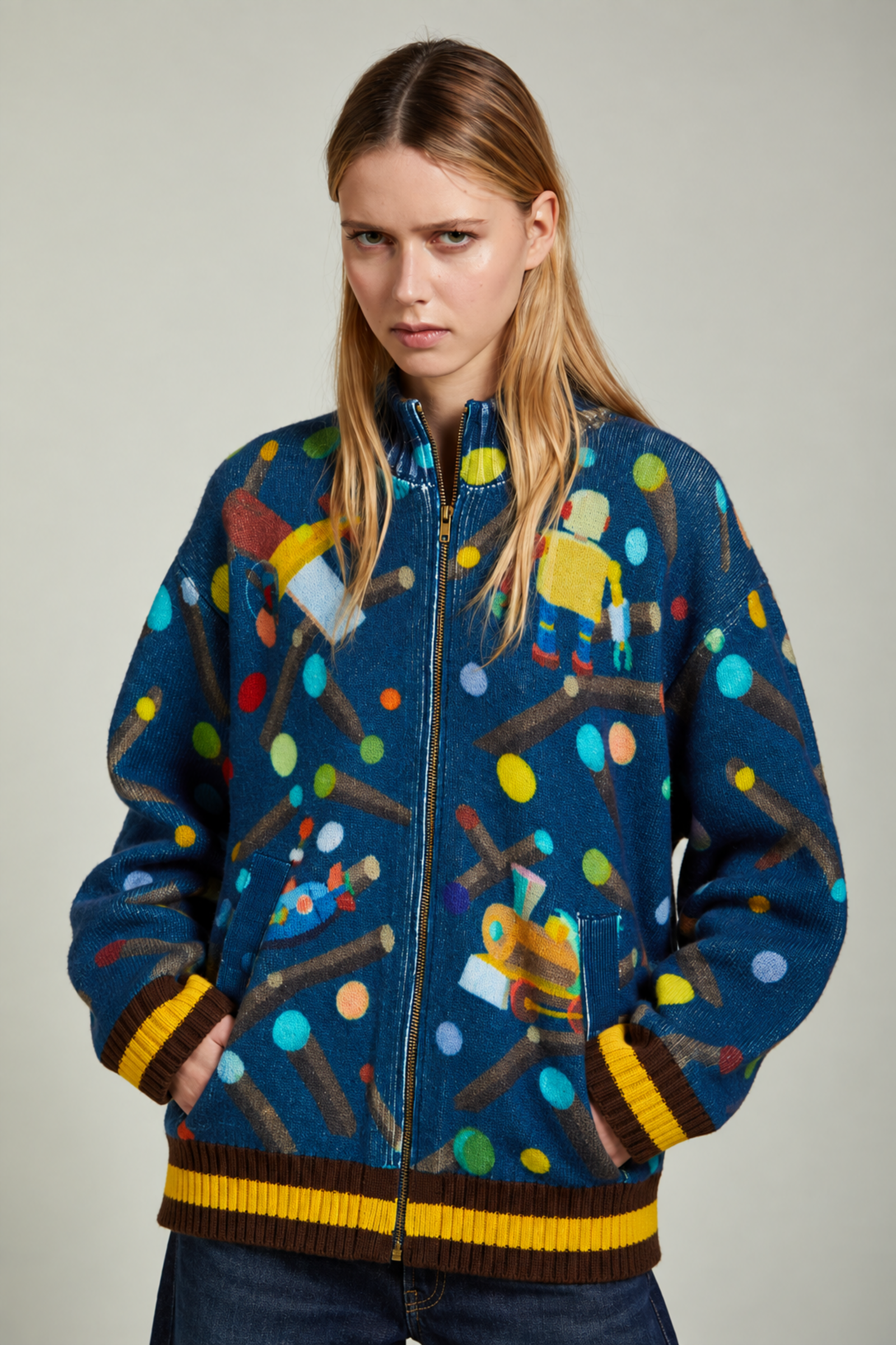 JEi'S JEi'S - Oversized Zip Jacket Toys Print Navy | Speels Jasje van 100% Zuivere Scheerwol met Speelgoedmotieven