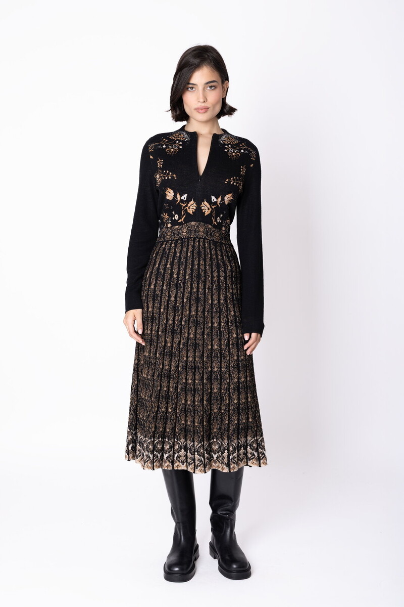IVKO - Knit Dress Fika Floral Black | Robe Noire Somptueuse avec Jupe Plissée