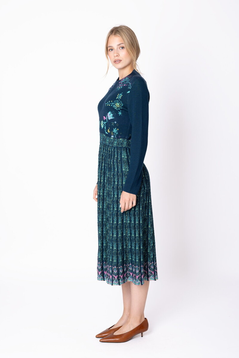 IVKO - Knit Dress Fika Floral Petrol | Robe Bleu-Vert Somptueuse avec Jupe Plissée