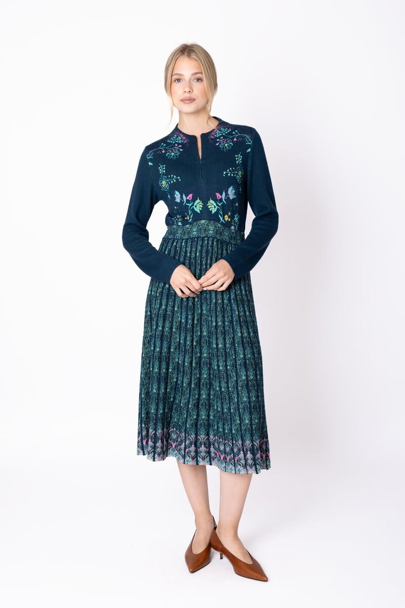 IVKO - Knit Dress Fika Floral Petrol | Showstopping Blue-Green Dress with Pleated Skirt