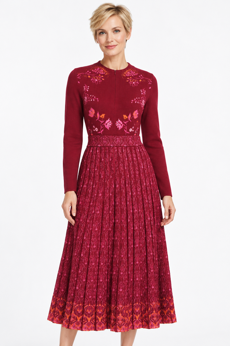 IVKO - Knit Dress Fika Floral Cherry | Showstopping Cherry-Red Dress with Pleated Skirt