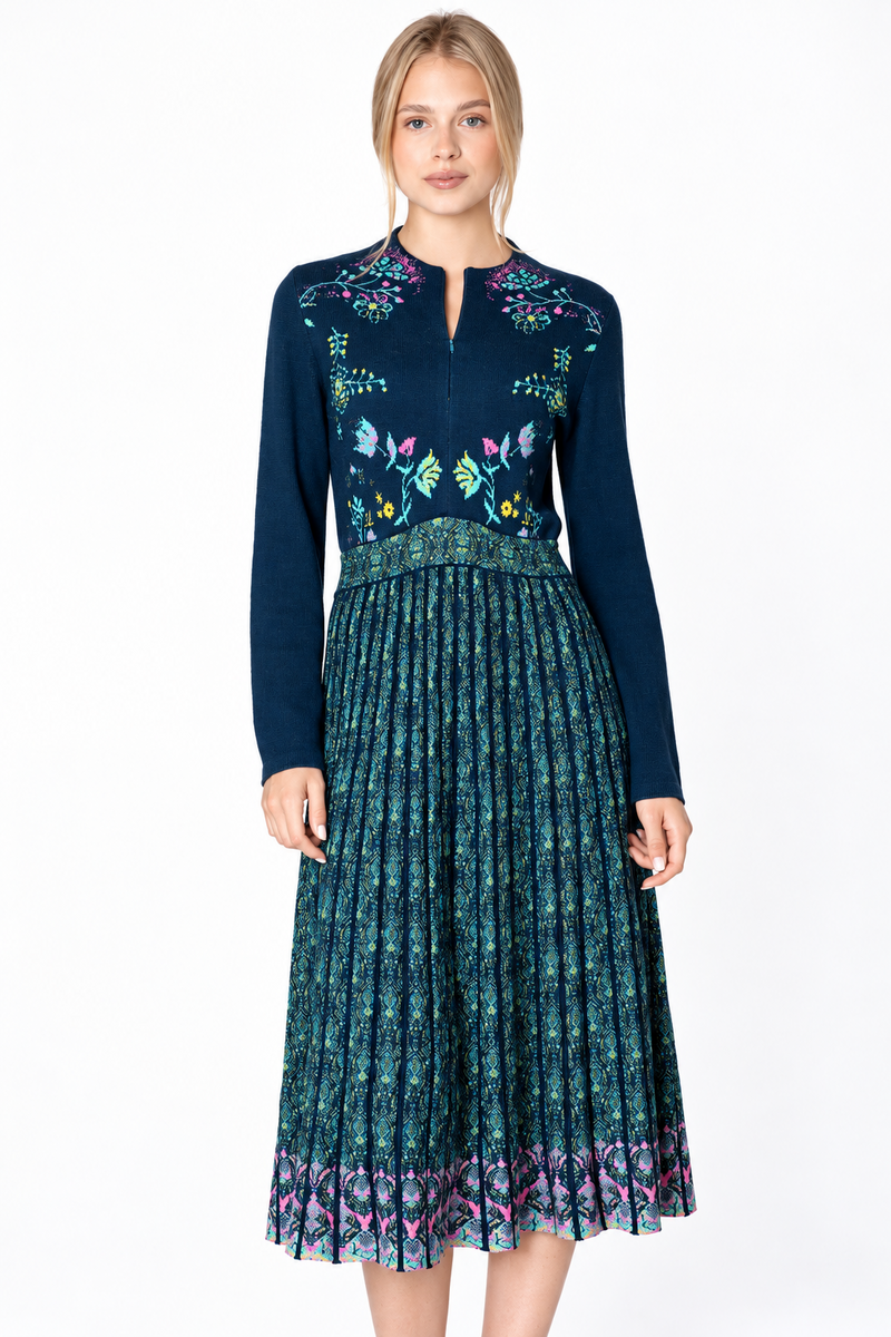IVKO - Knit Dress Fika Floral Petrol | Robe Bleu-Vert Somptueuse avec Jupe Plissée