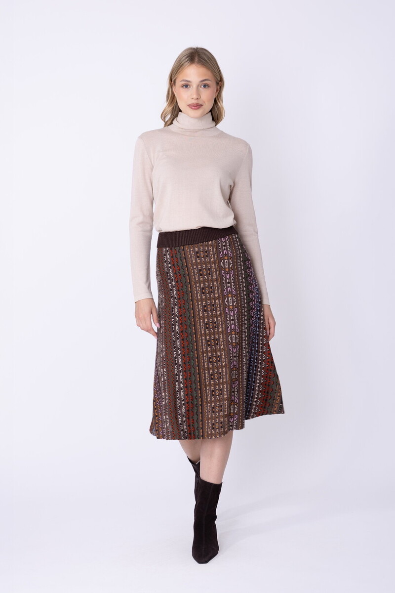 IVKO - Pleated Knit Skirt Azulejo Chocolate | Indrukwekkende Chocoladebruine Rok met Portugese Motieven