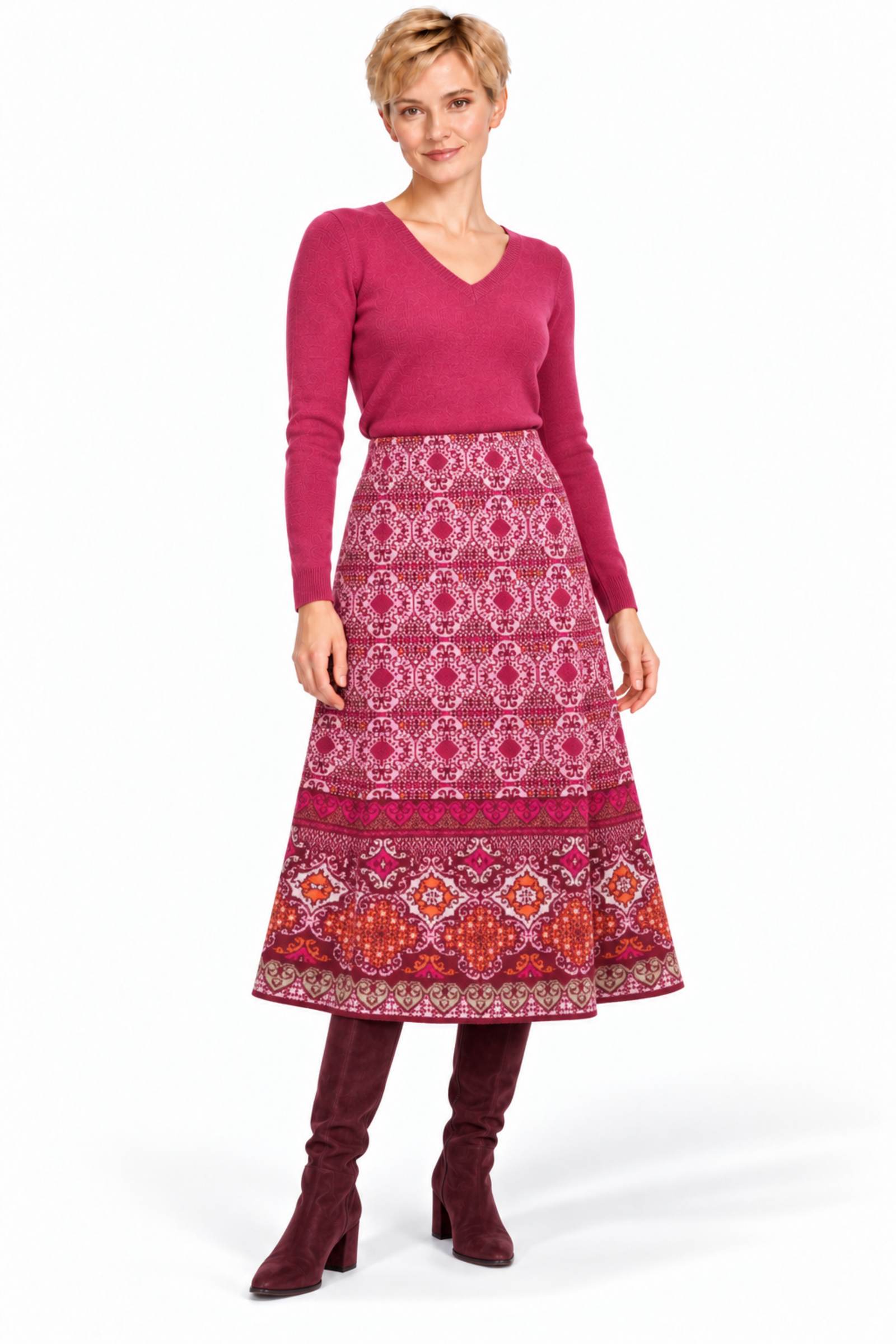 IVKO  Woman IVKO - Azulejo A-Line Knit Skirt Cherry | Jupe Rouge Cerise Stylée avec Motifs Portugais