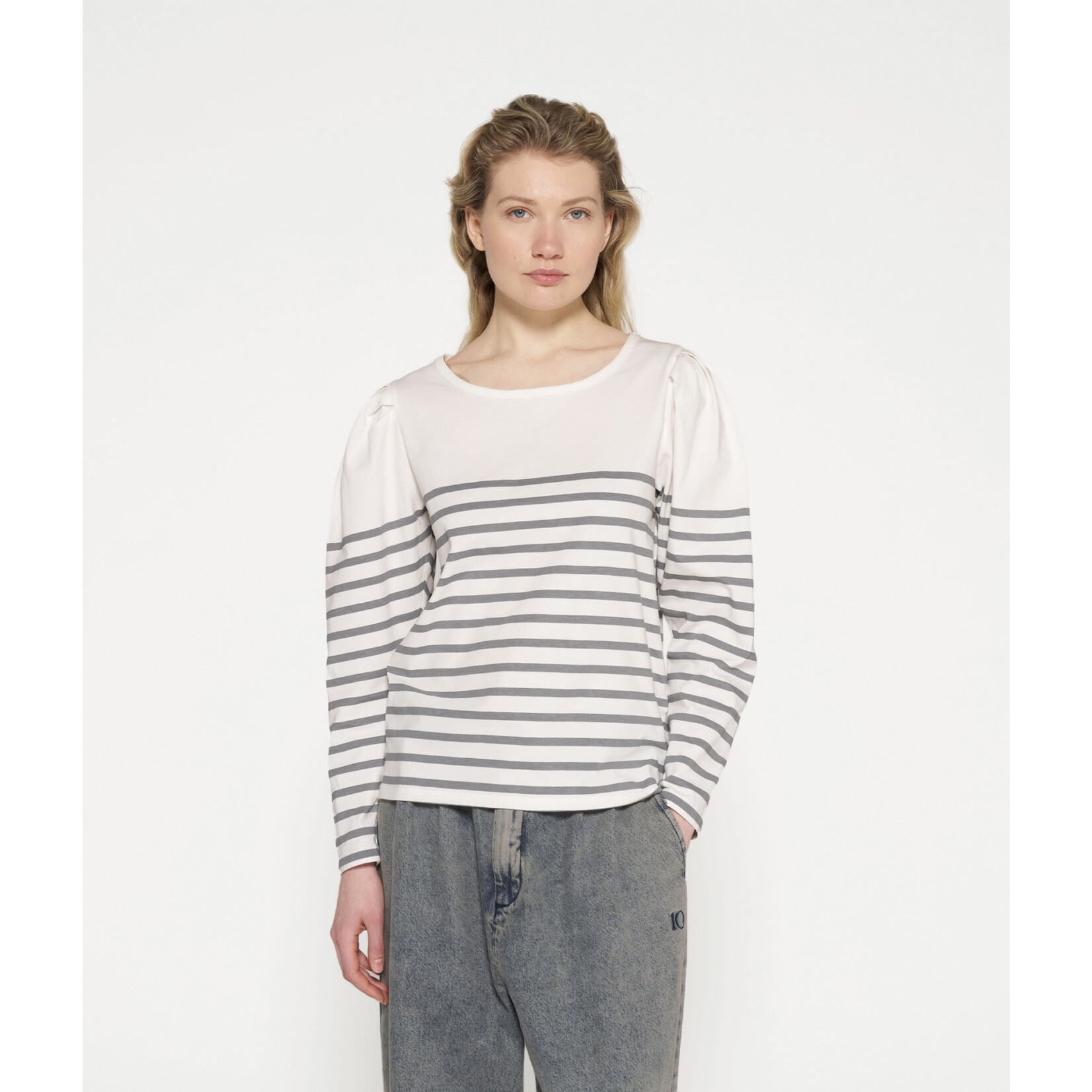 10Days Puff long sleeve tee stripes Ecru/graphite