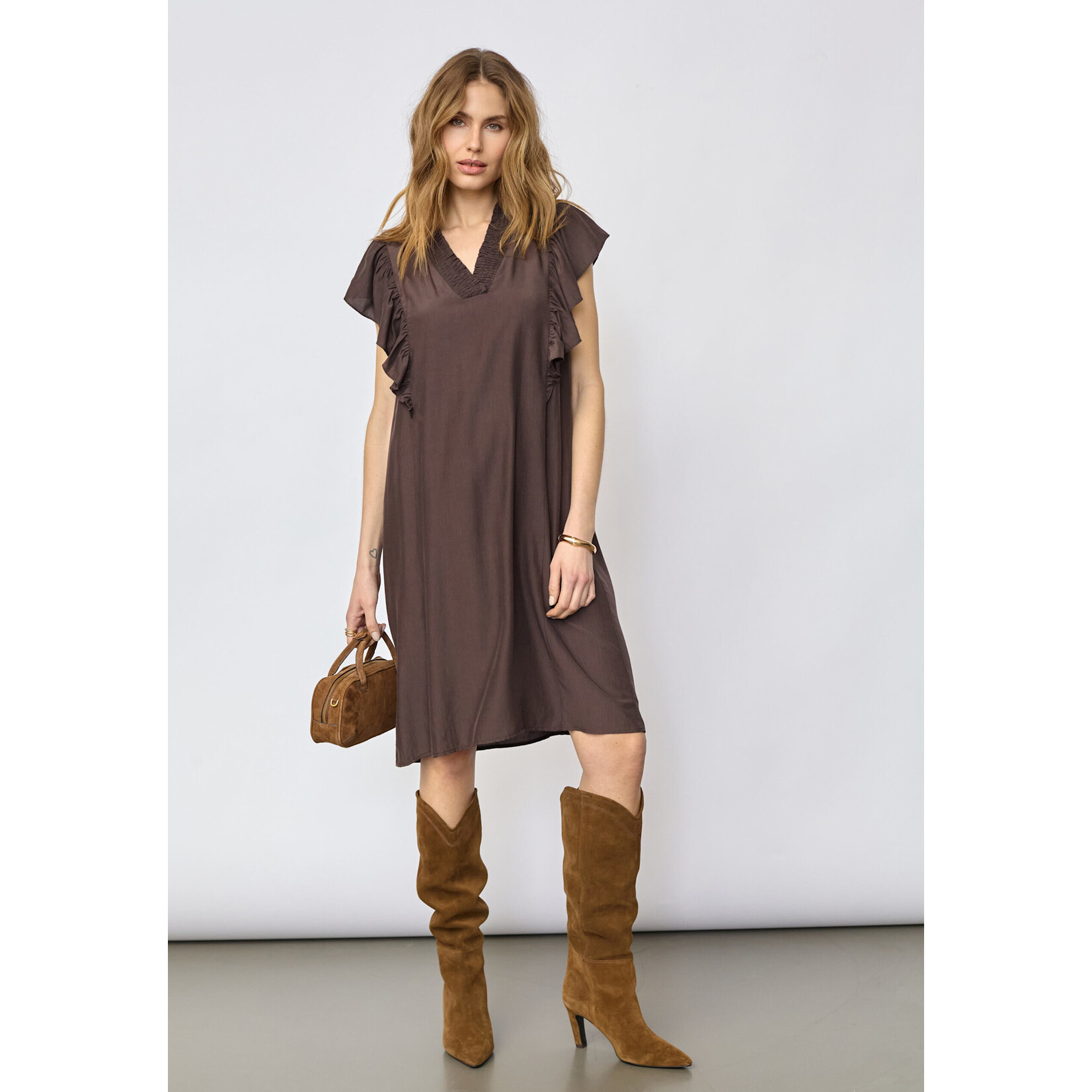 Co'couture Sunrise frill crop v-dress Dark brown