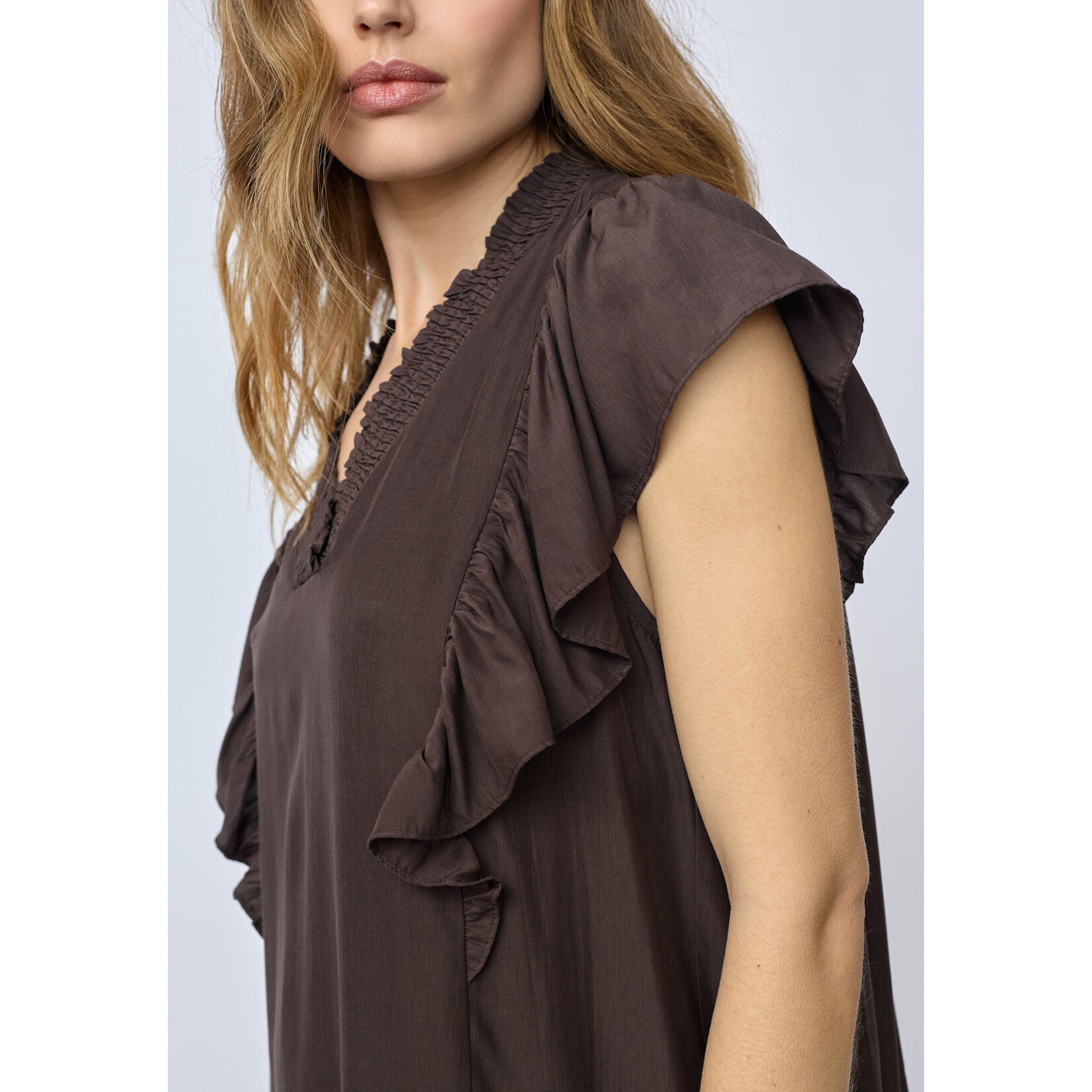 Co'couture Sunrise frill crop v-dress Dark brown