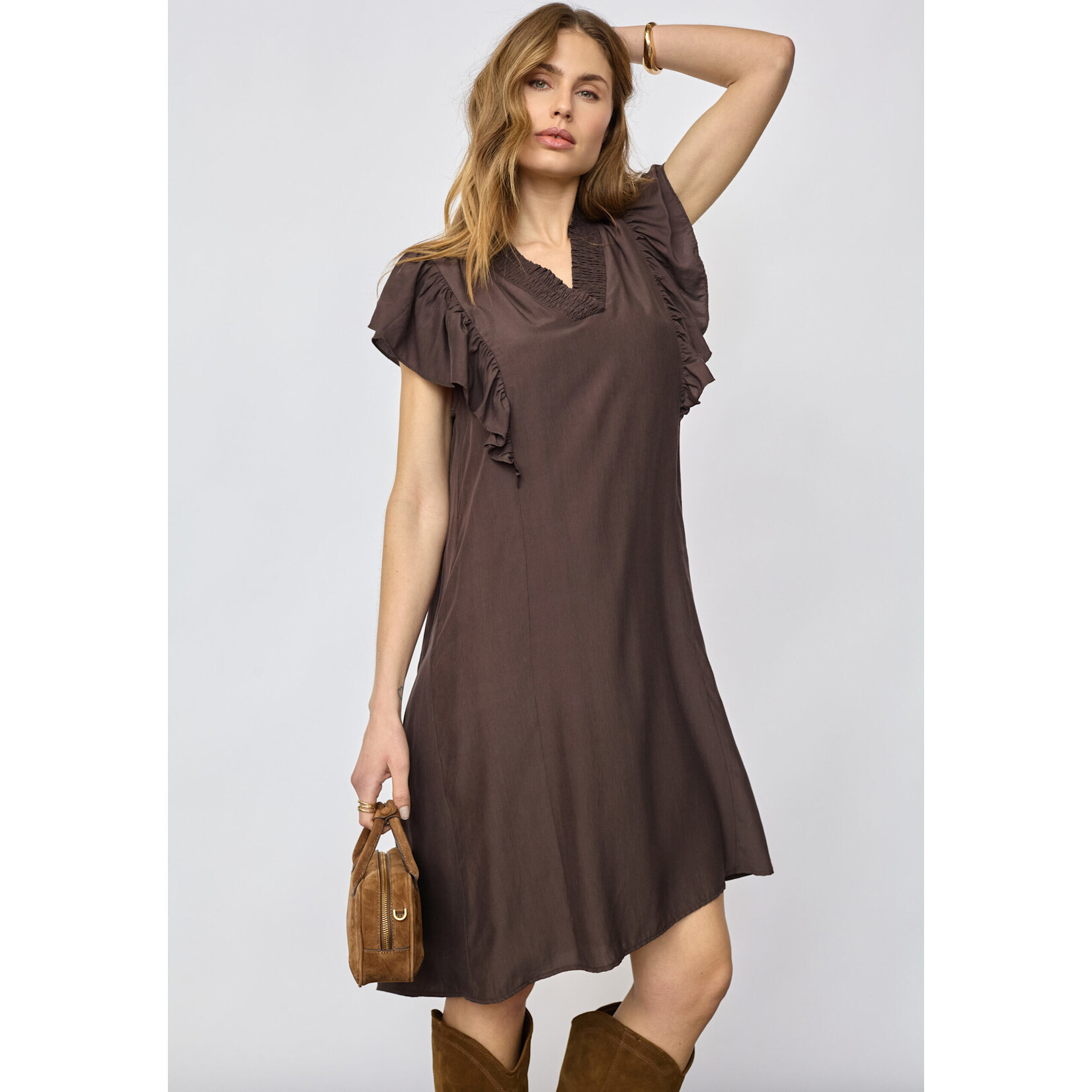 Co'couture Sunrise frill crop v-dress Dark brown