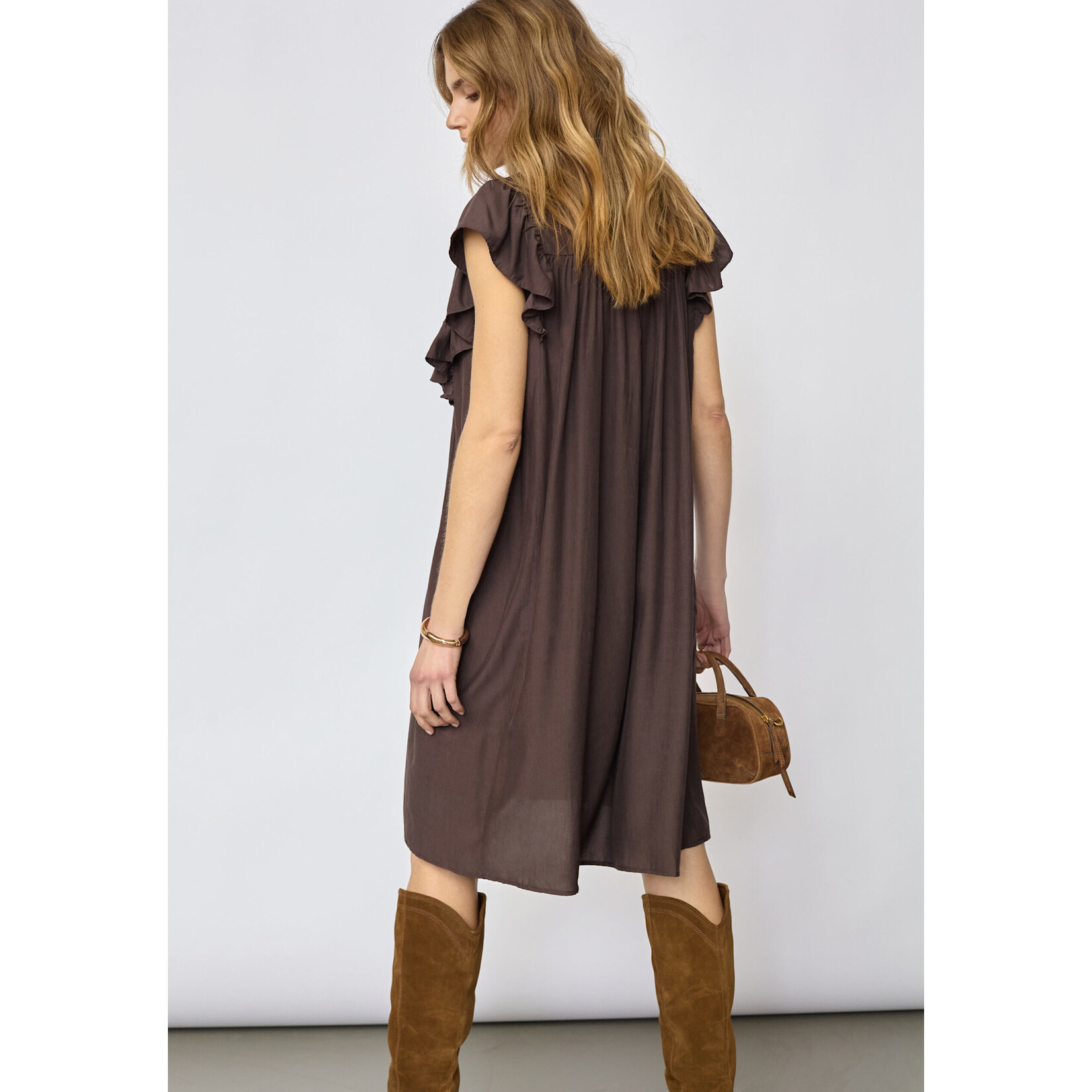 Co'couture Sunrise frill crop v-dress Dark brown