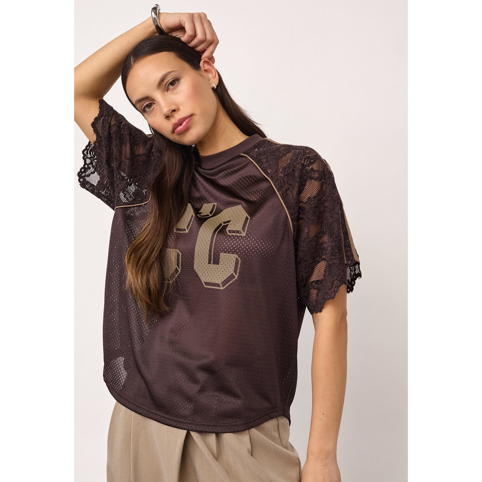 Co'couture Trey logo lace tee Dark brown