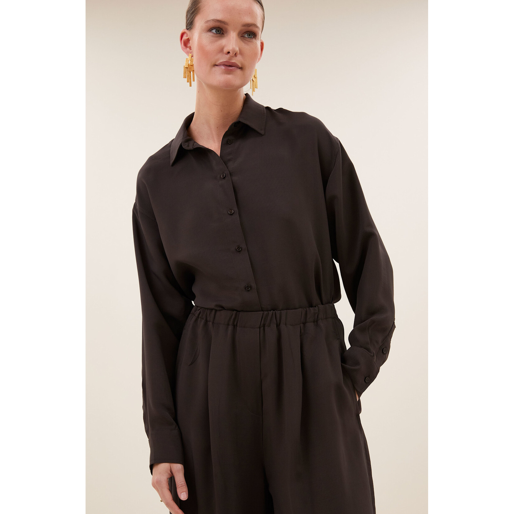 By-Bar Kris satin stripe blouse Espresso