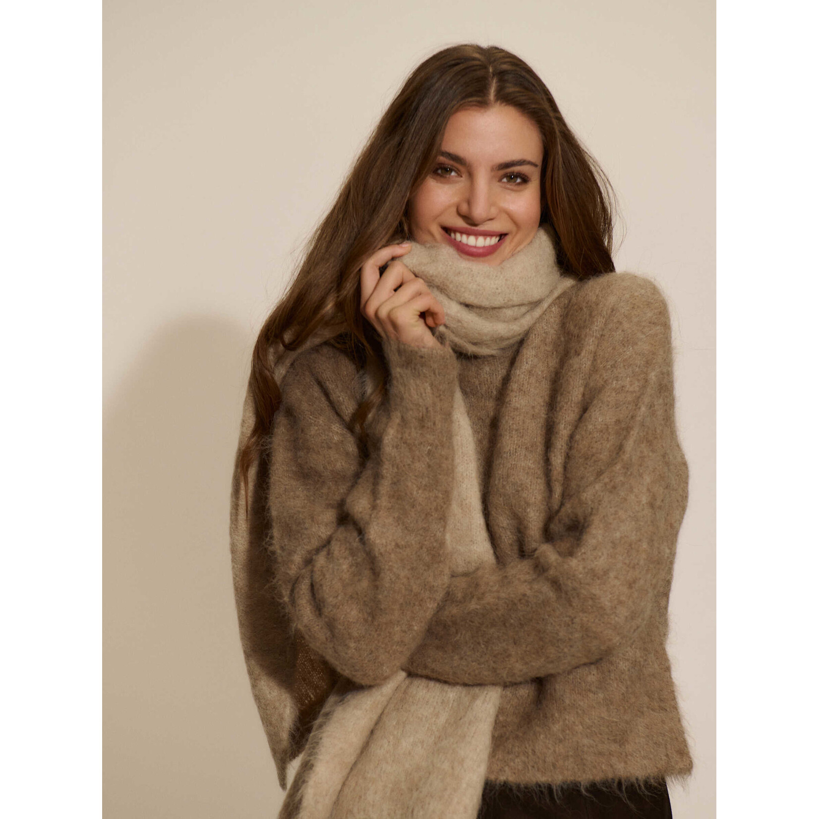 Rosemunde Furry alpaca mock neck pullover Brown grey melange