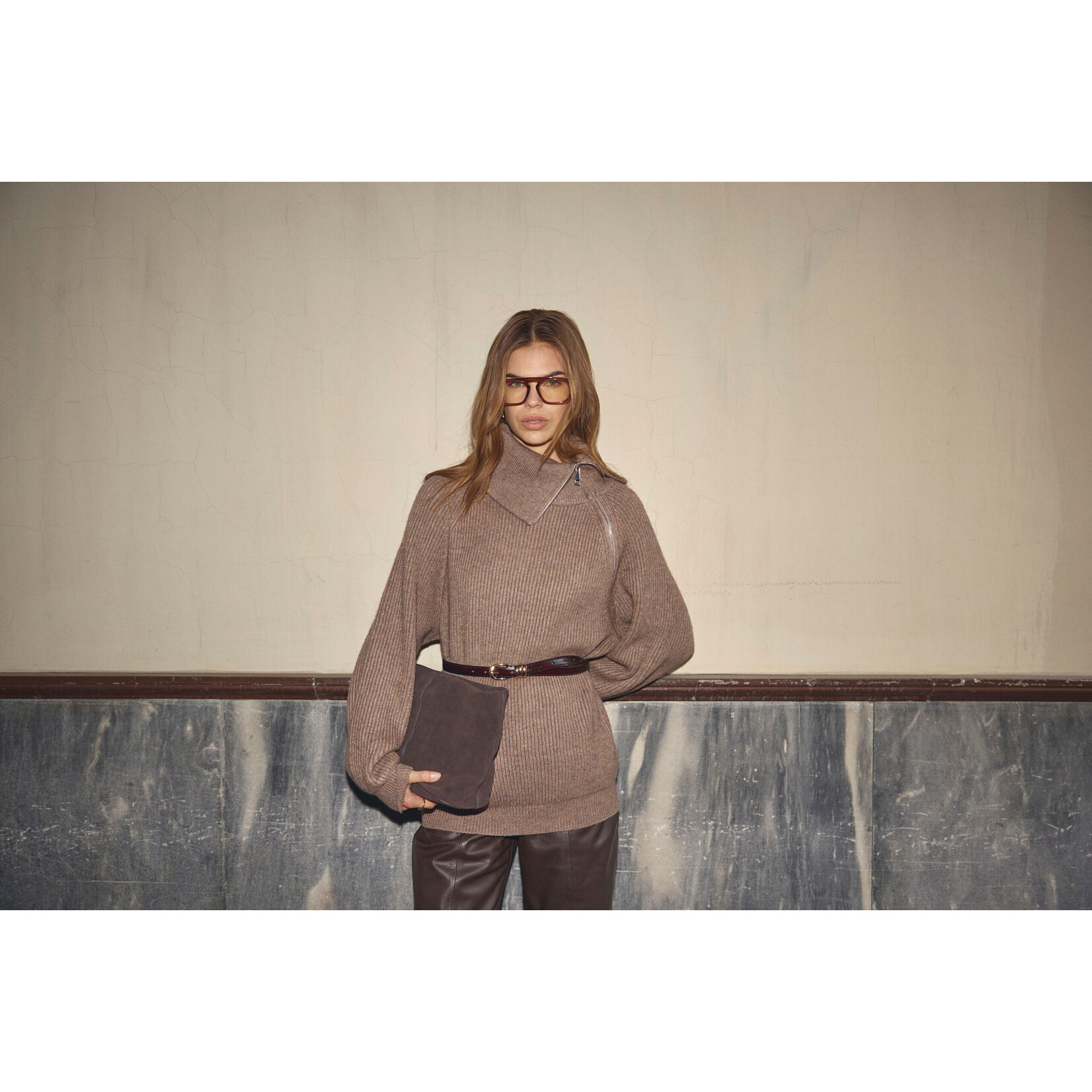 Co'couture Row rib zip roll-neck knit Walnut