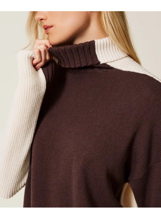 Two-tone wool jumper chocolate/snow